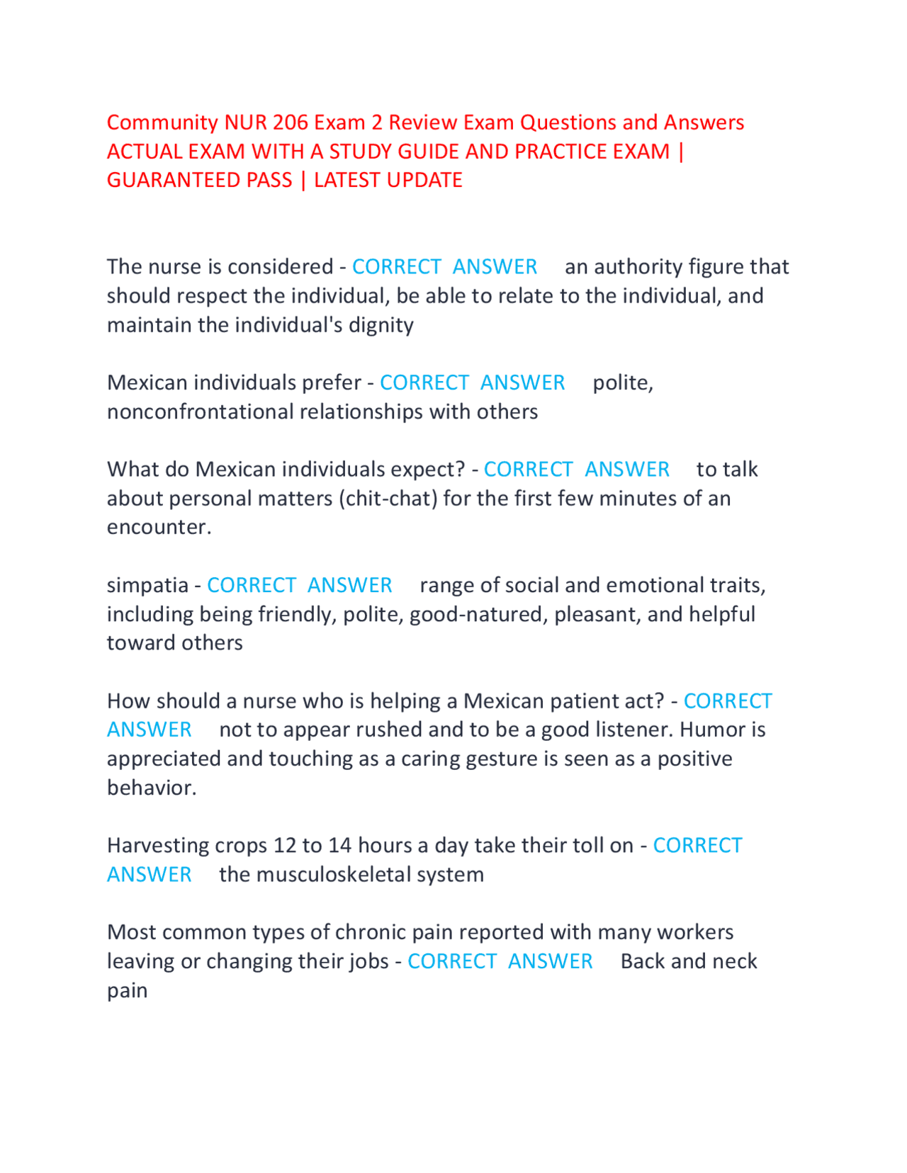 Community NUR 206 Exam 2 Review Exam Questions and Answers ACTUAL EXAM ...
