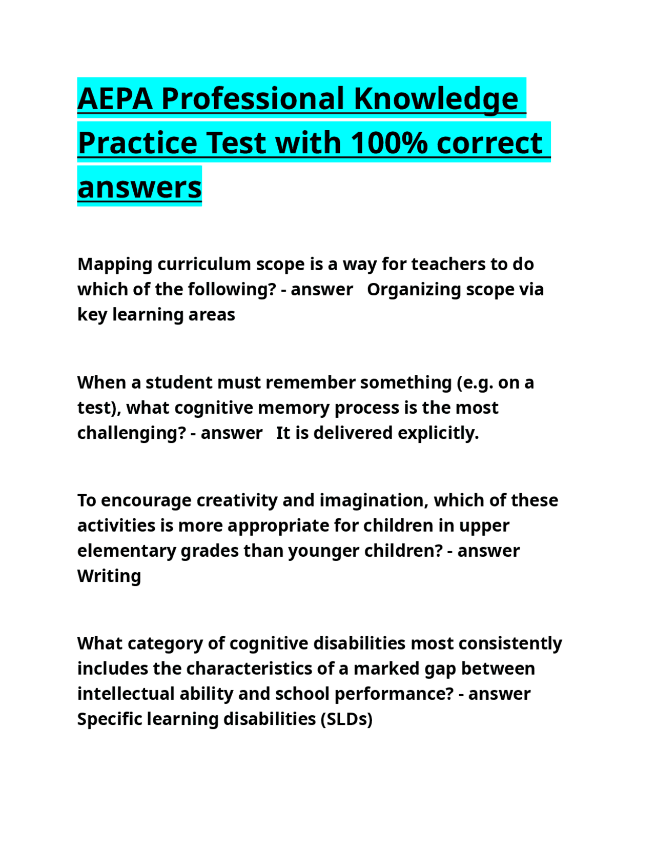AEPA Professional Knowledge Practice Test with 100% correct answers ...