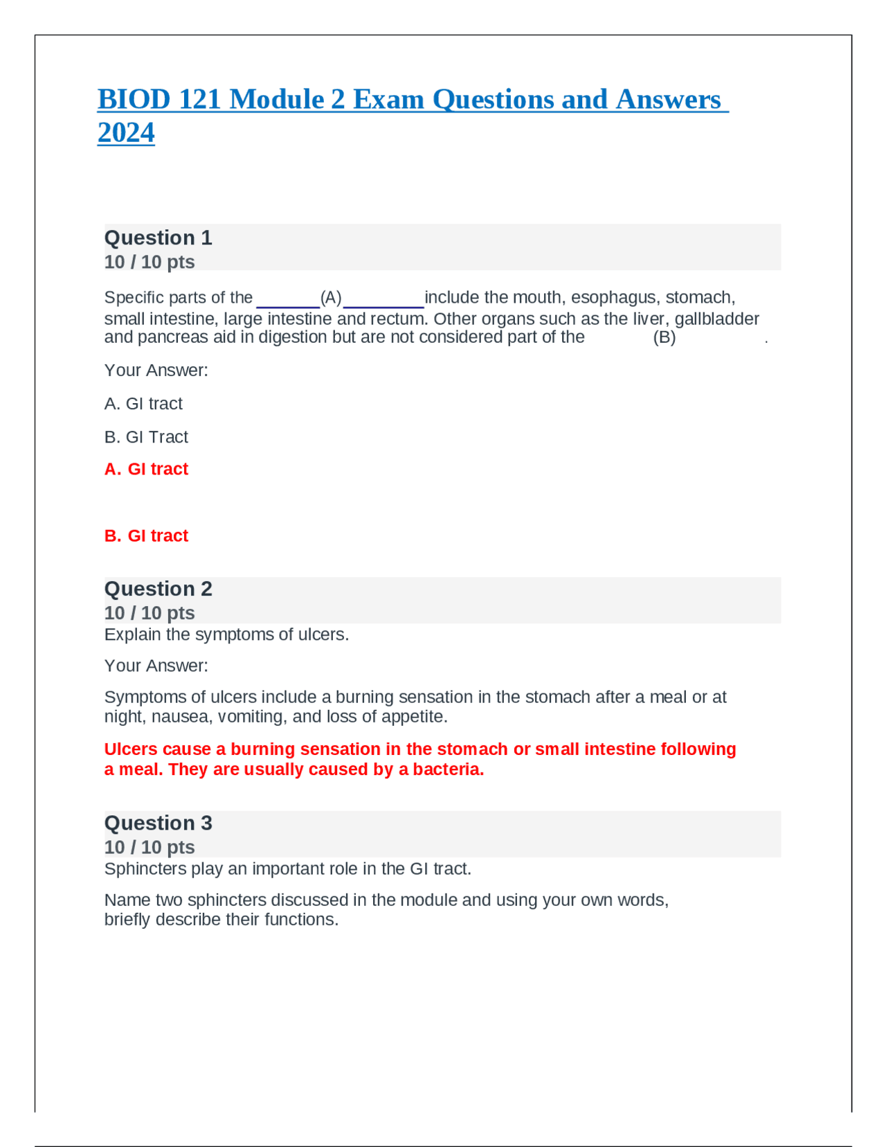 BIOD 121 Module 2 Exam: Digestion, Blood Sugar, Nutrition | Exams ...