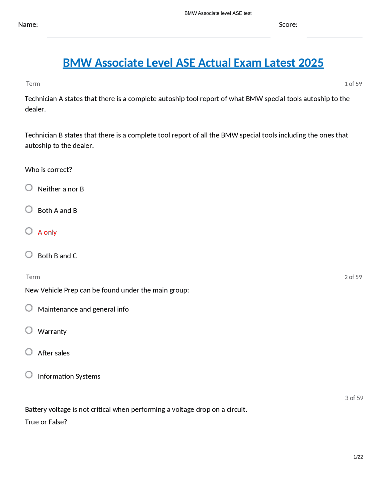 BMW Associate Level ASE Test: Questions and Answers | Exams Nursing ...
