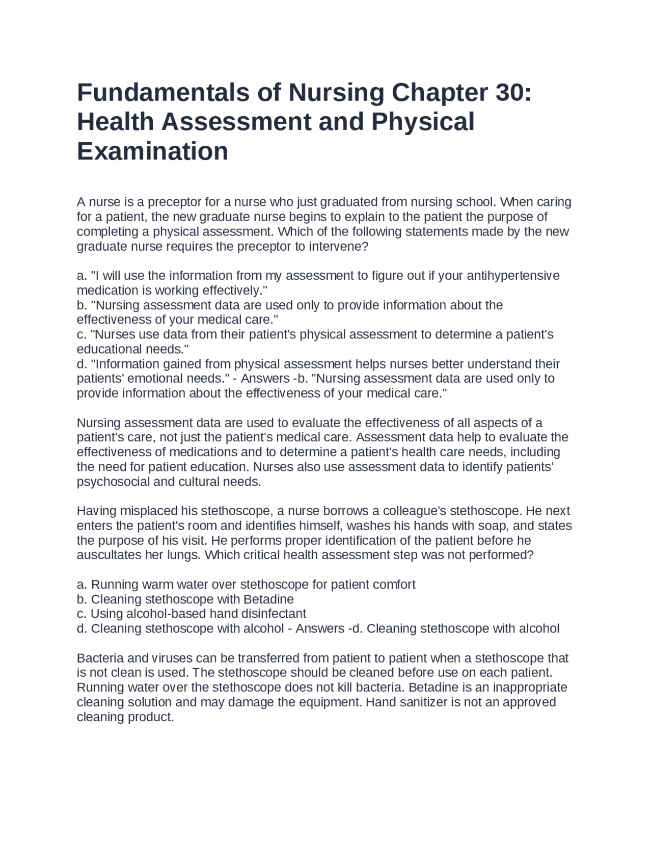 Fundamentals of Nursing Chapter 30 Exam Questions With Correct Answers ...