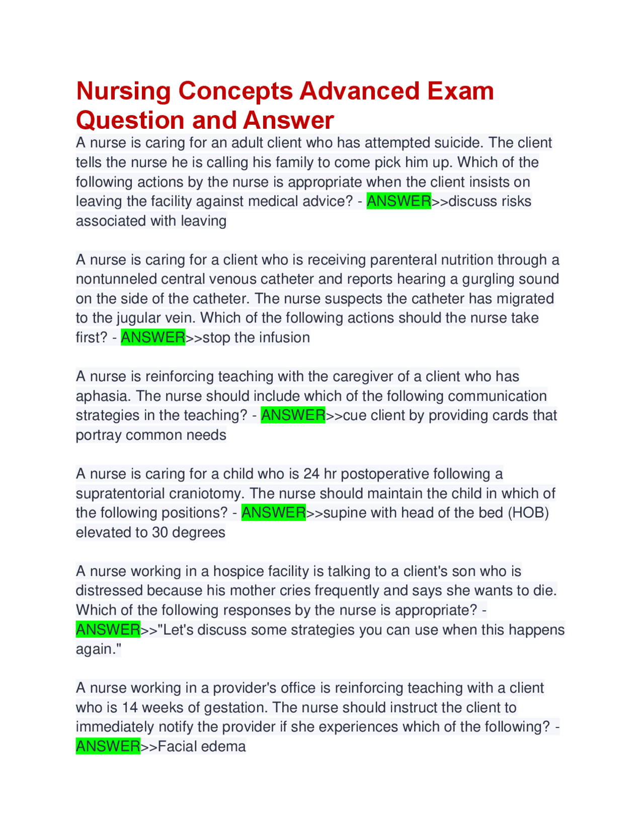 Nursing Concepts Advanced Exam Question and Answer 2025 | Exams Nursing ...