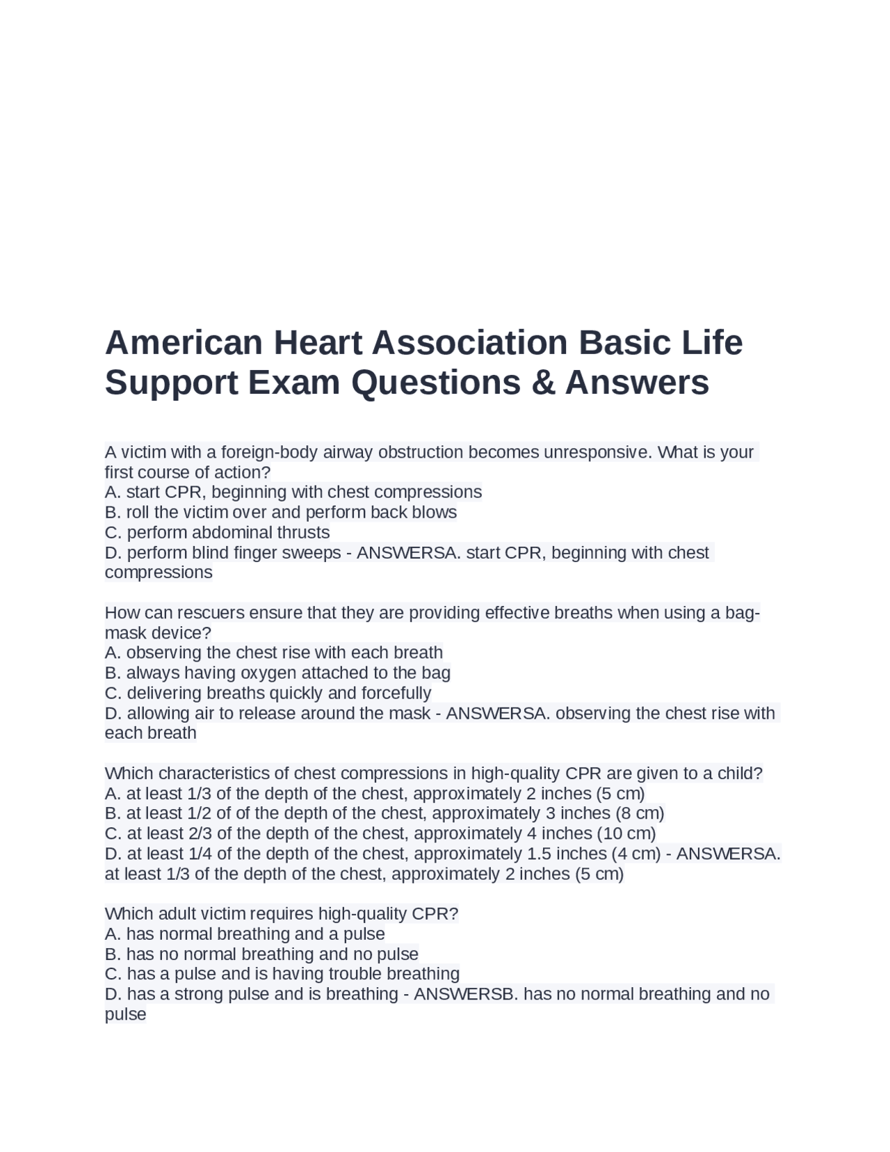 American Heart Association Basic Life Support Exam Questions & Answers ...