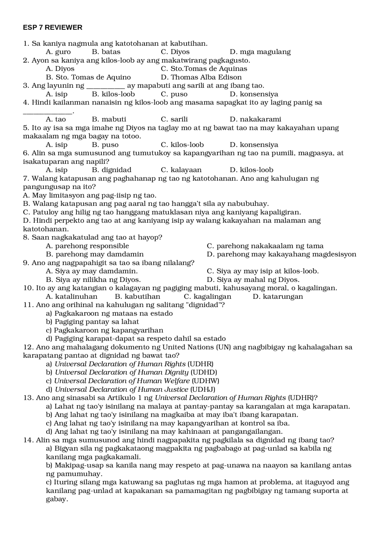 EsP 7 reviewer by Jeanelle N | Exercises Vocational education | Docsity