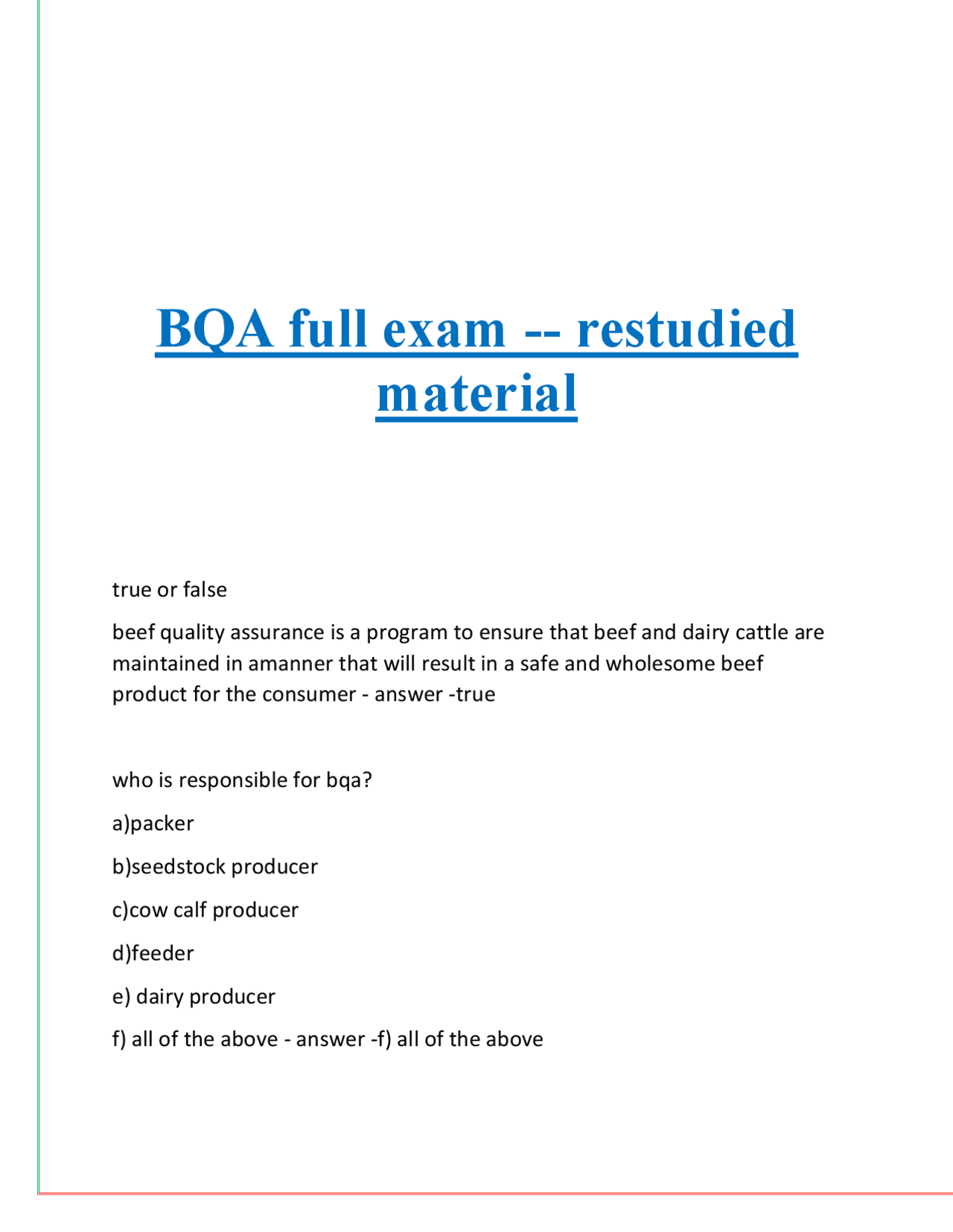 Beef Quality Assurance (BQA) Exam: True or False Questions and Answers ...