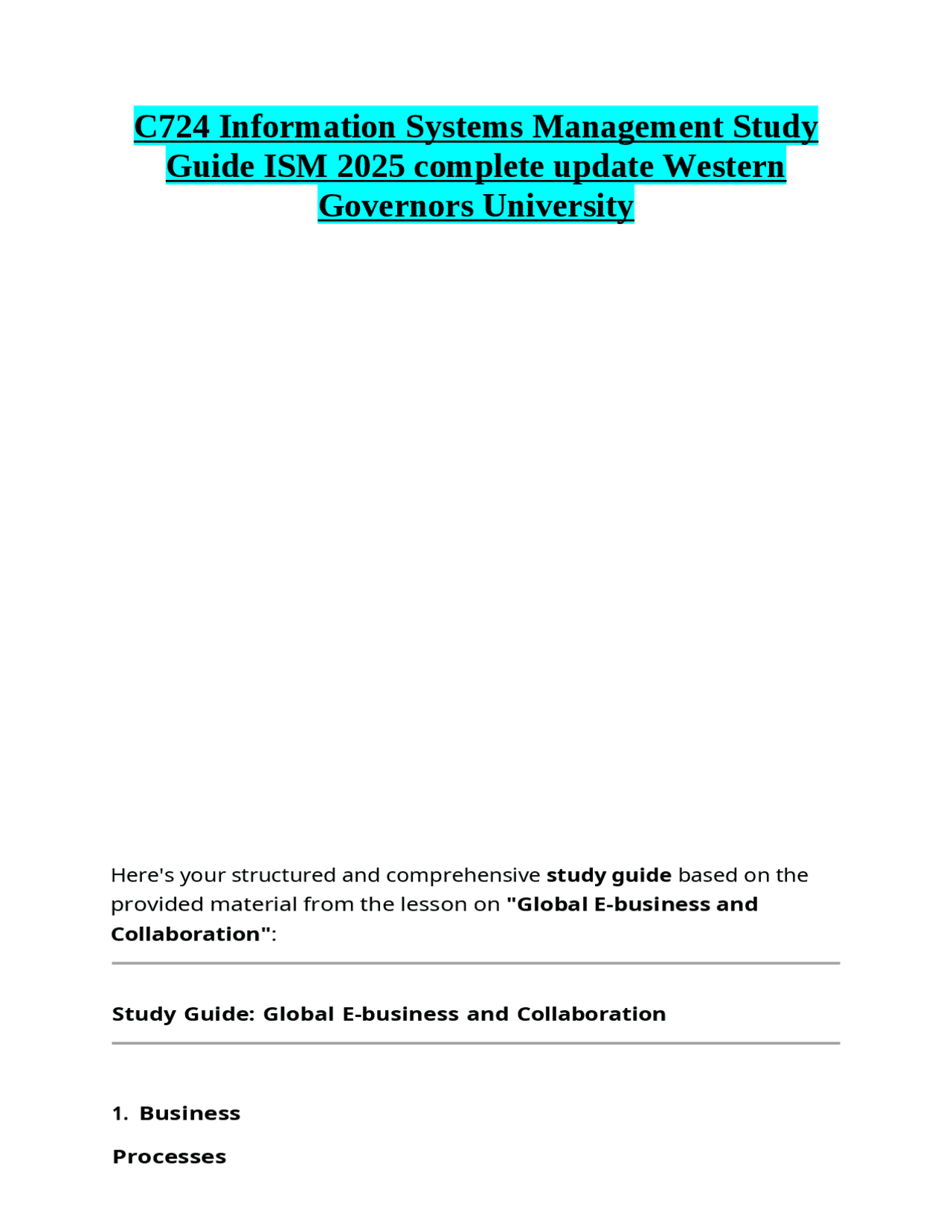 Information Systems Management Study Guide: Global E-business and ...