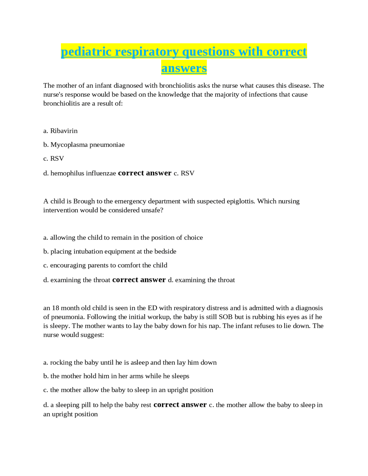 pediatric respiratory questions with correct answers | Exams Nursing ...