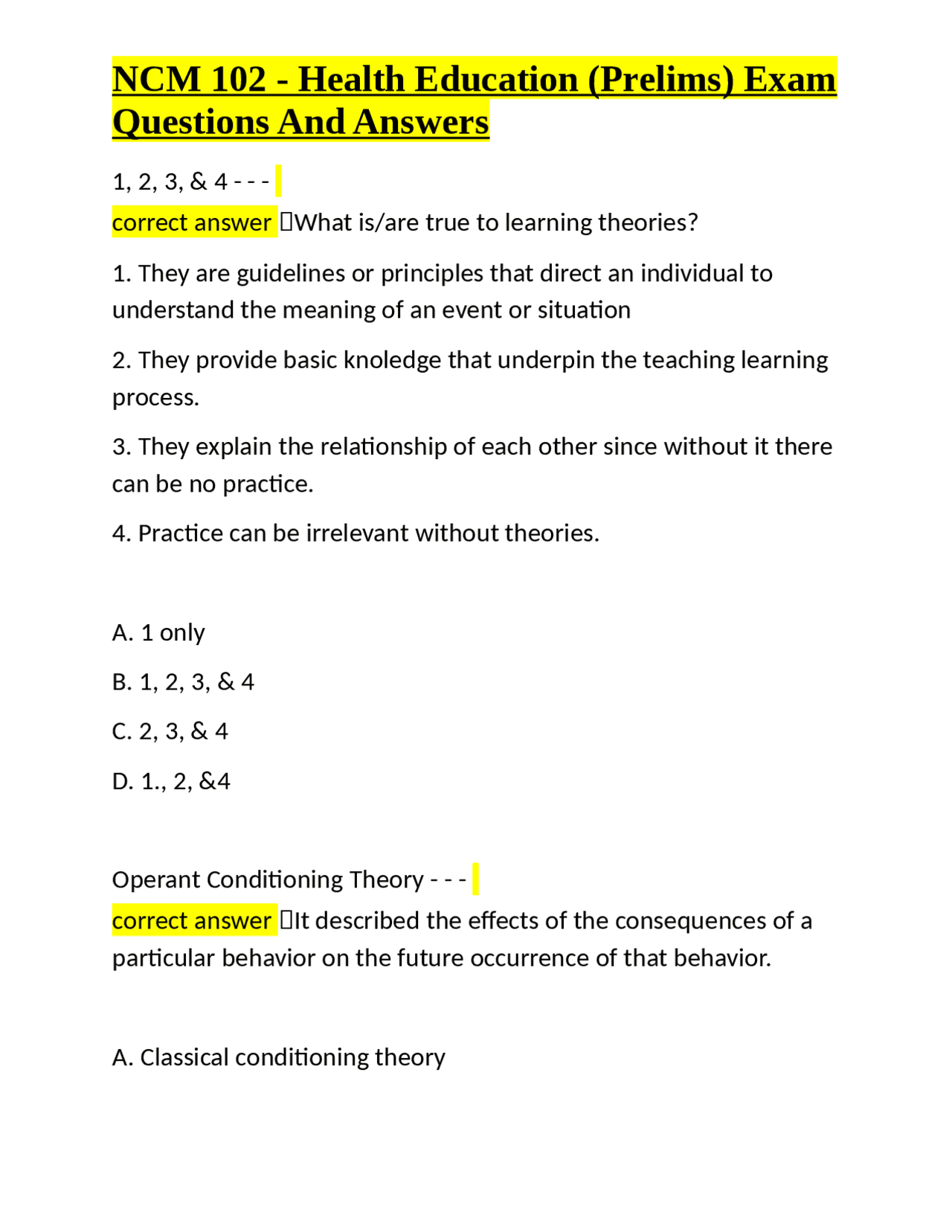 NCM 102 - Health Education (Prelims) Exam Questions And Answers | Exams ...