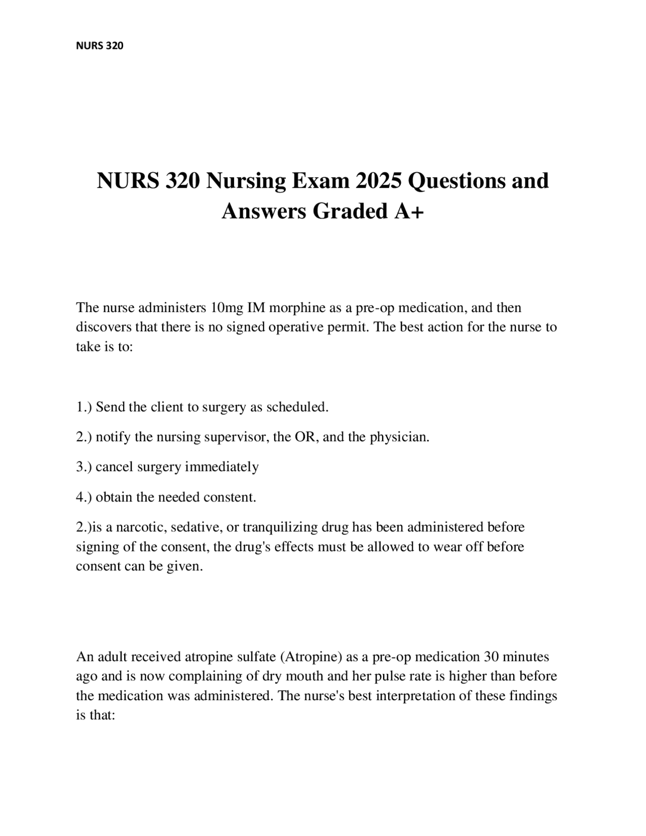 NURS 320 Nursing Exam 2025 Questions and Answers Graded A+ | Exams ...