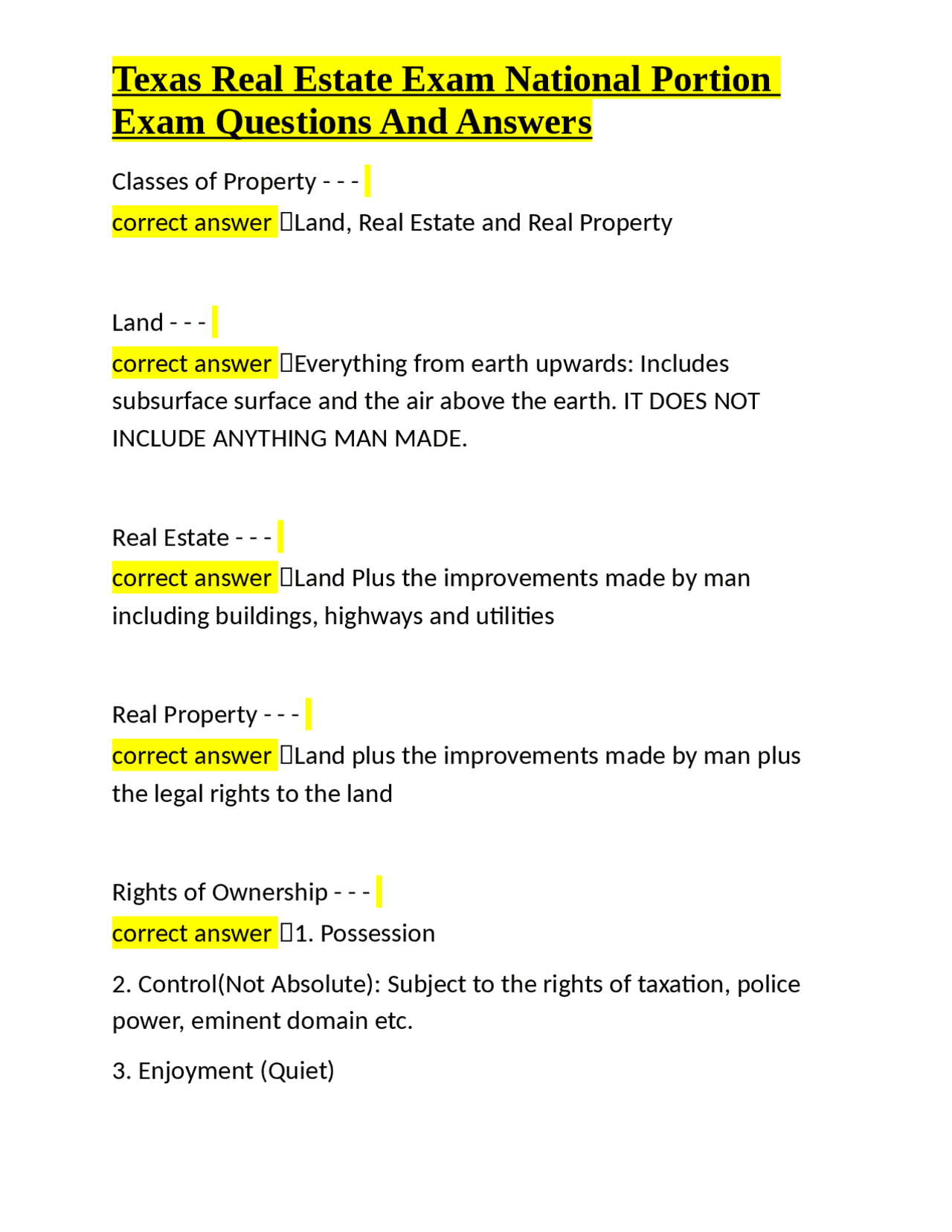 Texas Real Estate Exam National Portion Exam Questions And Answers | Exams Real Estate ...