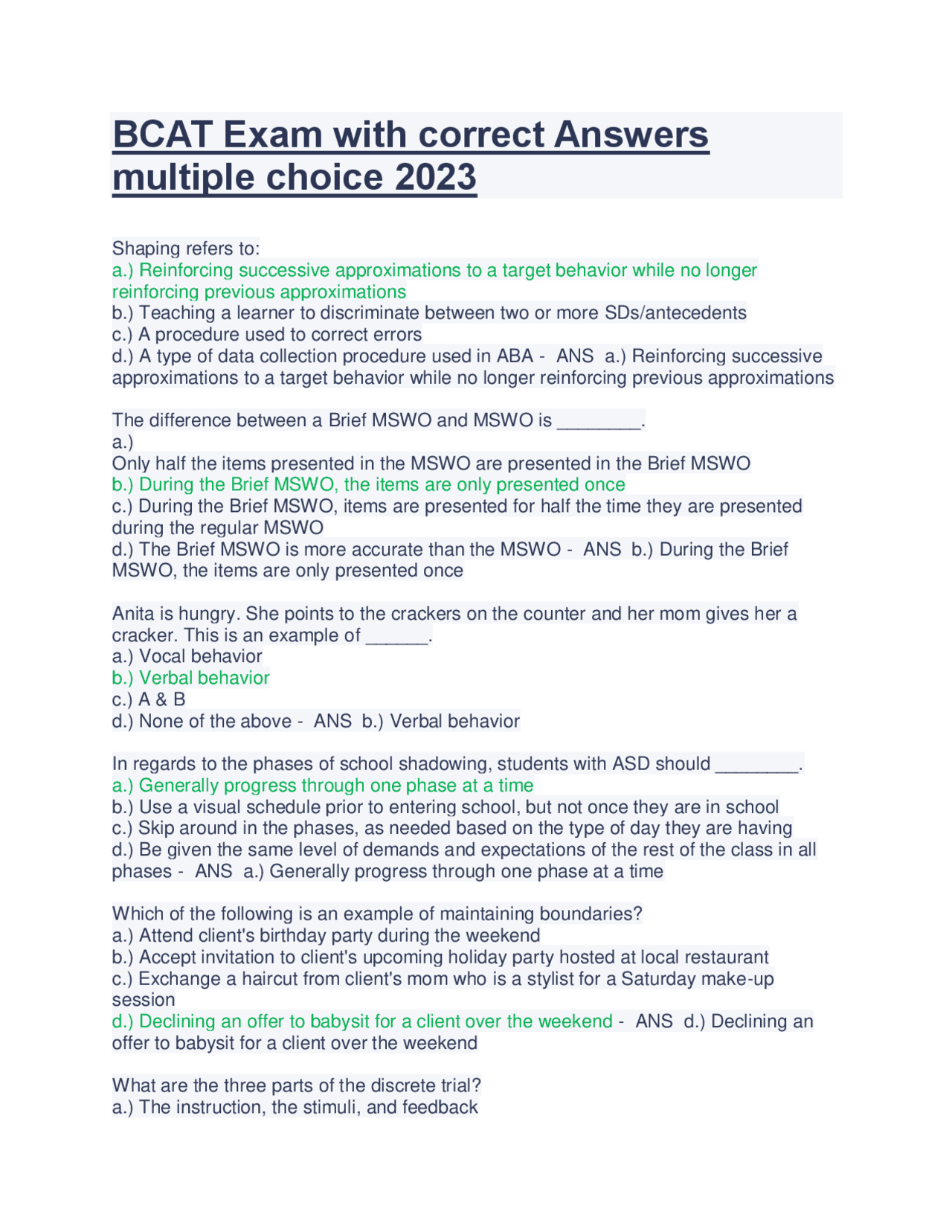 BCAT Exam with correct Answers multiple choice 2023.pdf | Exams Nursing ...