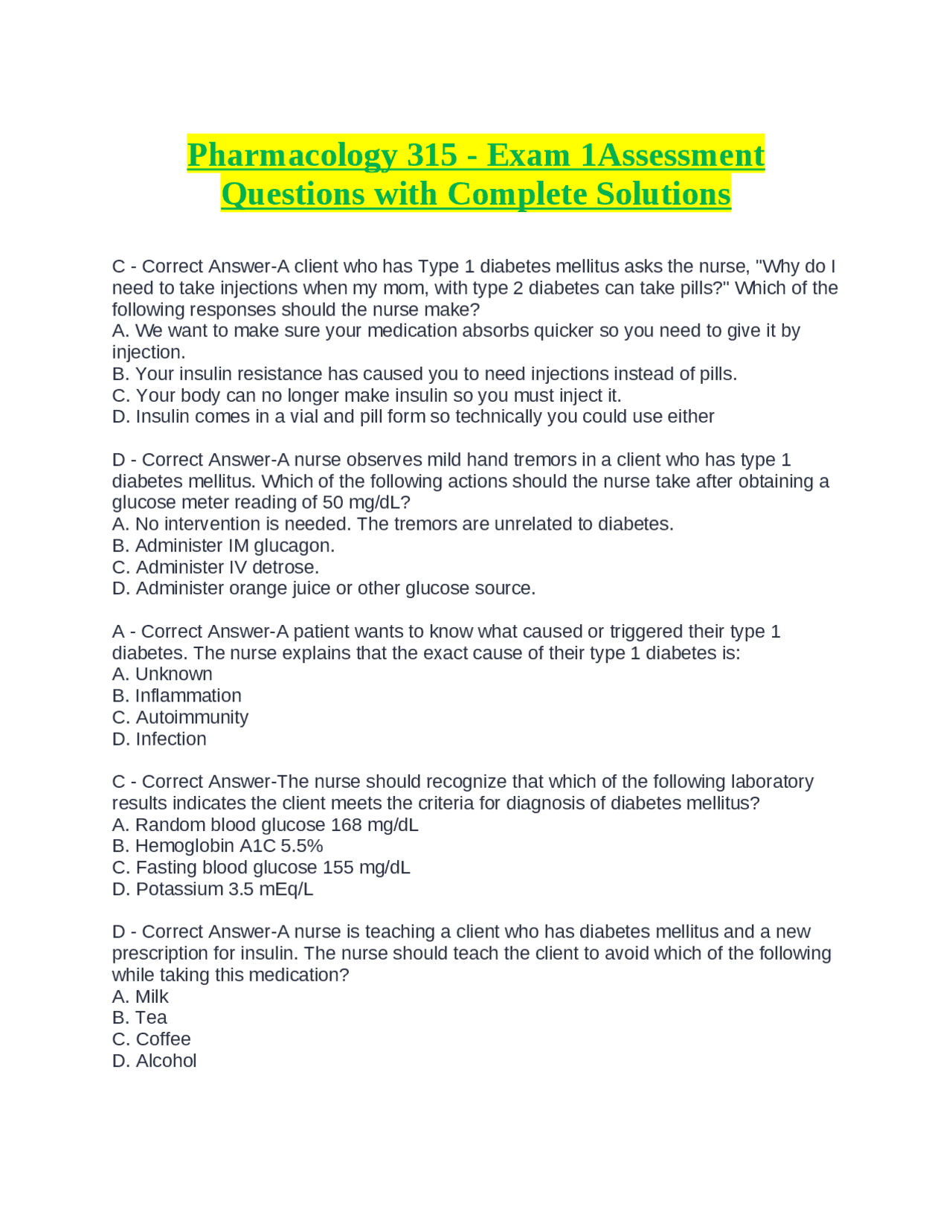 Pharmacology 315 - Exam 1Assessment Questions with Complete Solutions ...