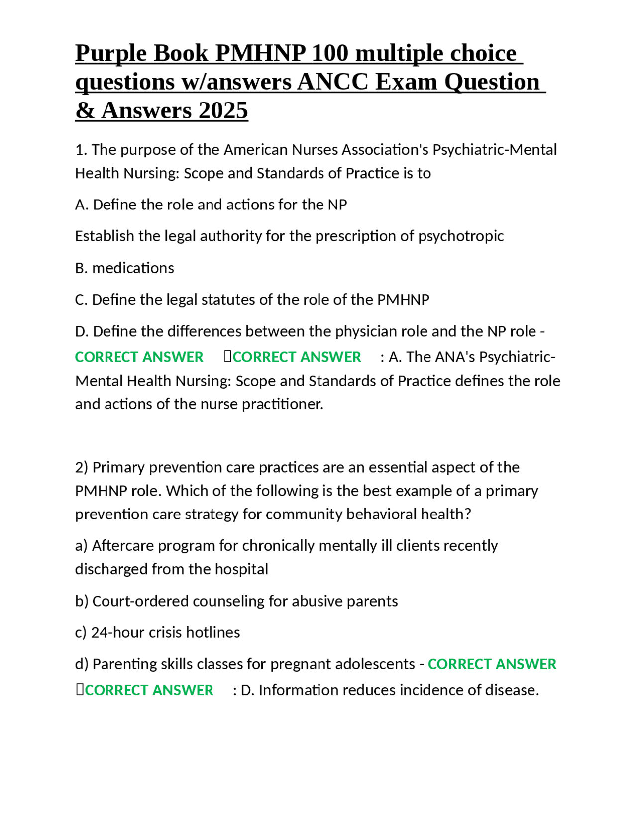 Purple Book PMHNP 100 multiple choice questions w/answers ANCC Exam ...