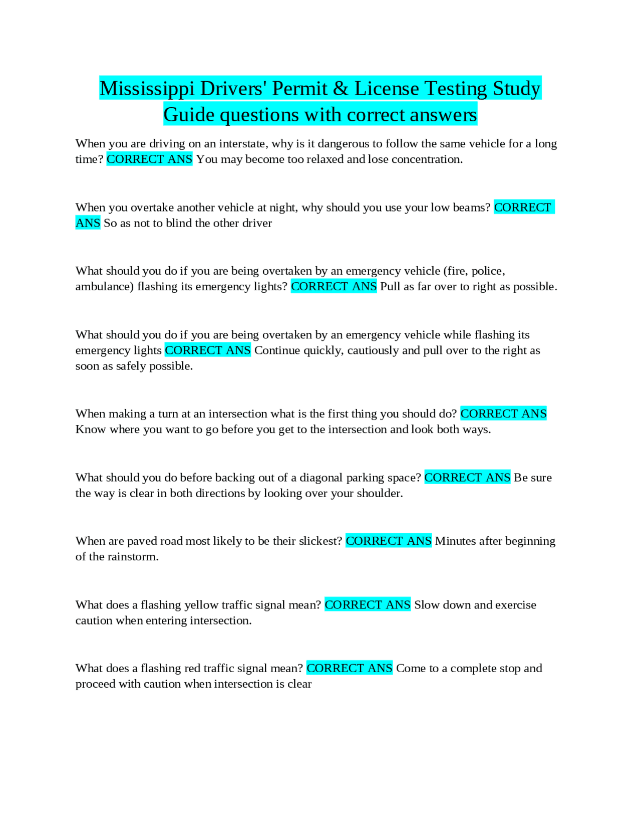 Mississippi Drivers' Permit &amp; License Testing Study Guide questions with correct answers | Exams ...