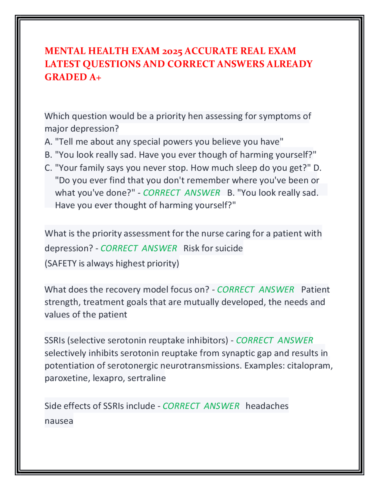 MENTAL HEALTH EXAM 2025 ACCURATE REAL EXAM LATEST QUESTIONS AND CORRECT ...