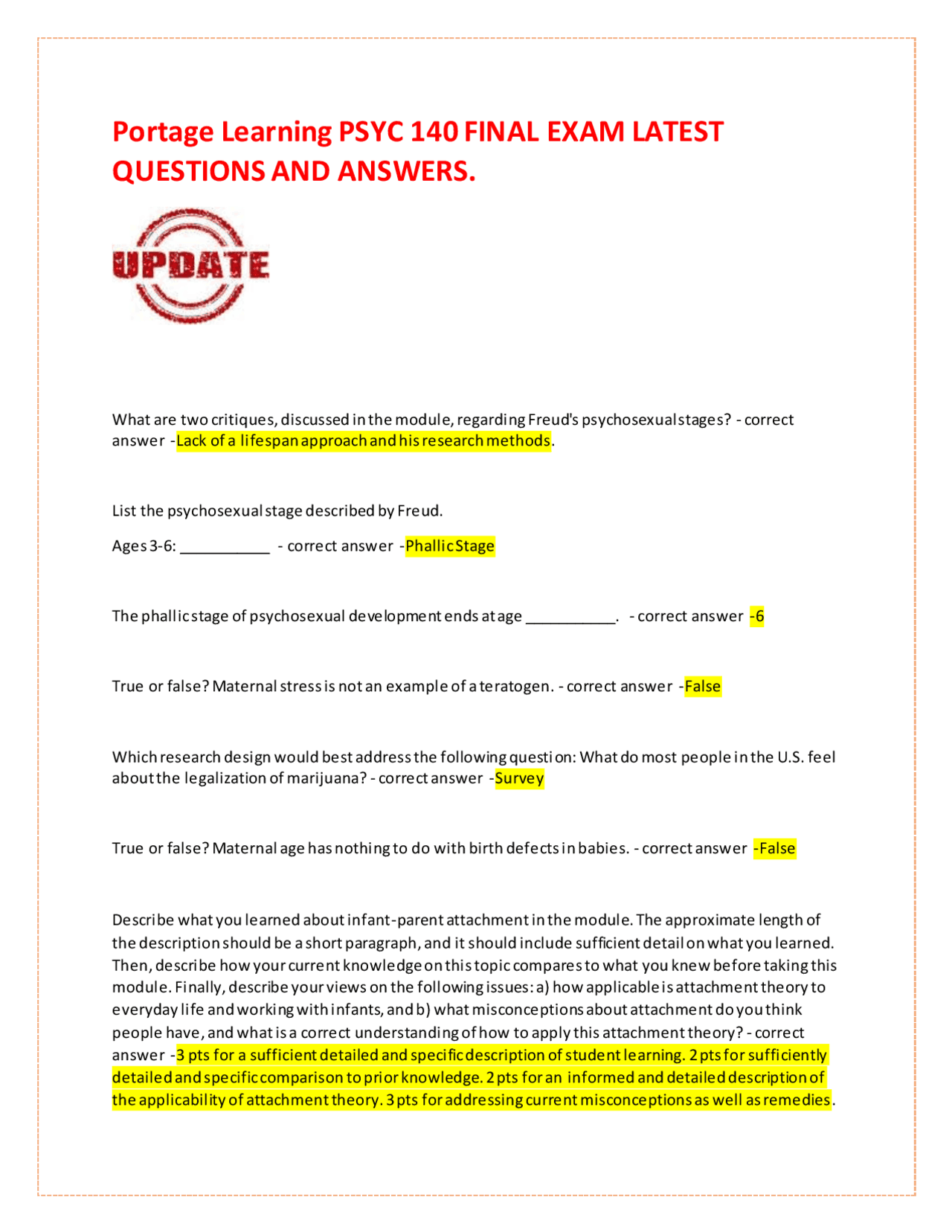 Portage Learning PSYC 140 FINAL EXAM LATEST QUESTIONS AND ANSWERS ...