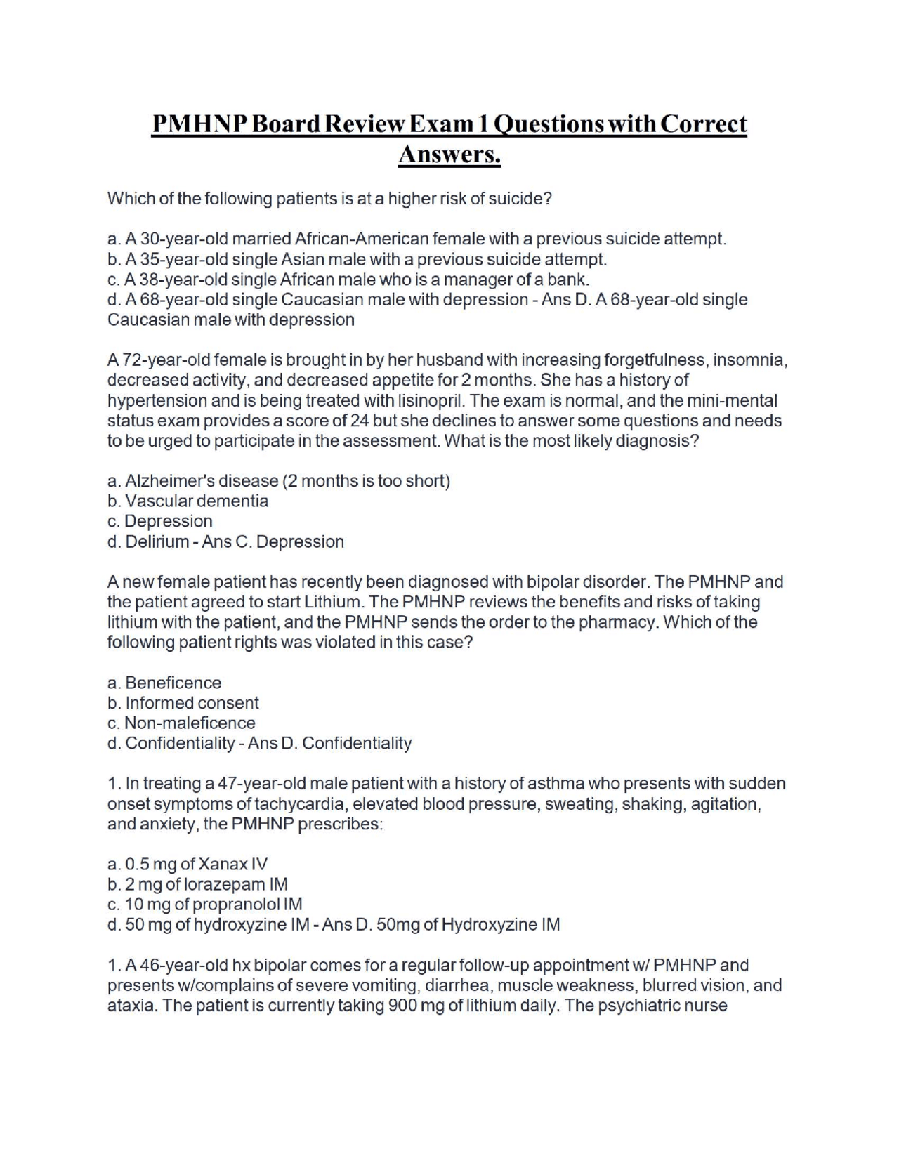 PMHNP Board Review Exam 1 Questions with Correct Answers. | Exams ...