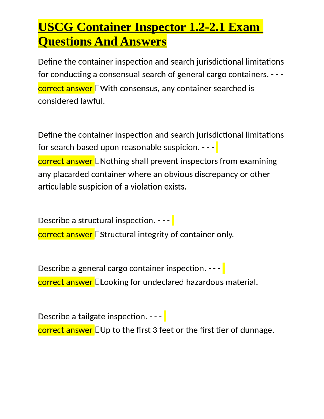 USCG Container Inspector 1.2-2.1 Exam Questions And Answers | Exams ...