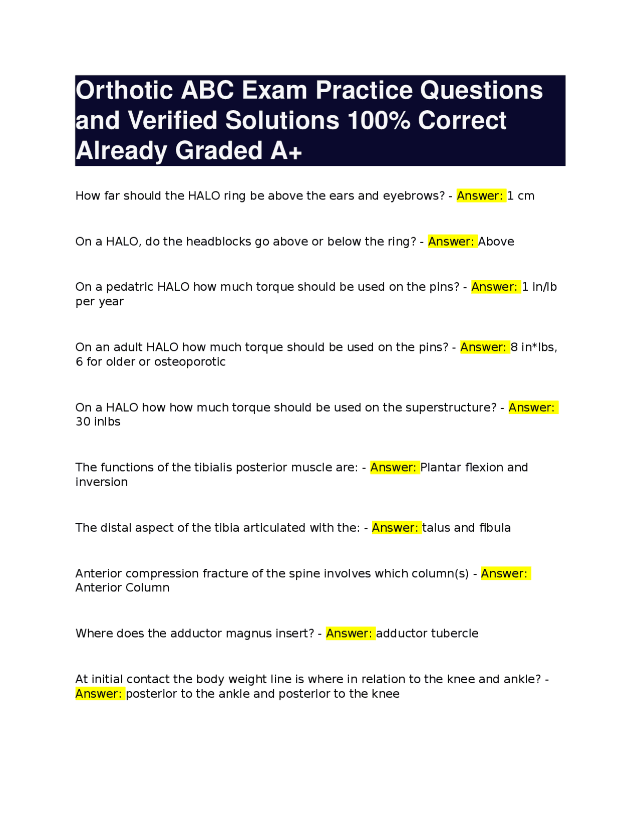Orthotic ABC Exam Practice Questions and Verified Solutions 100% ...
