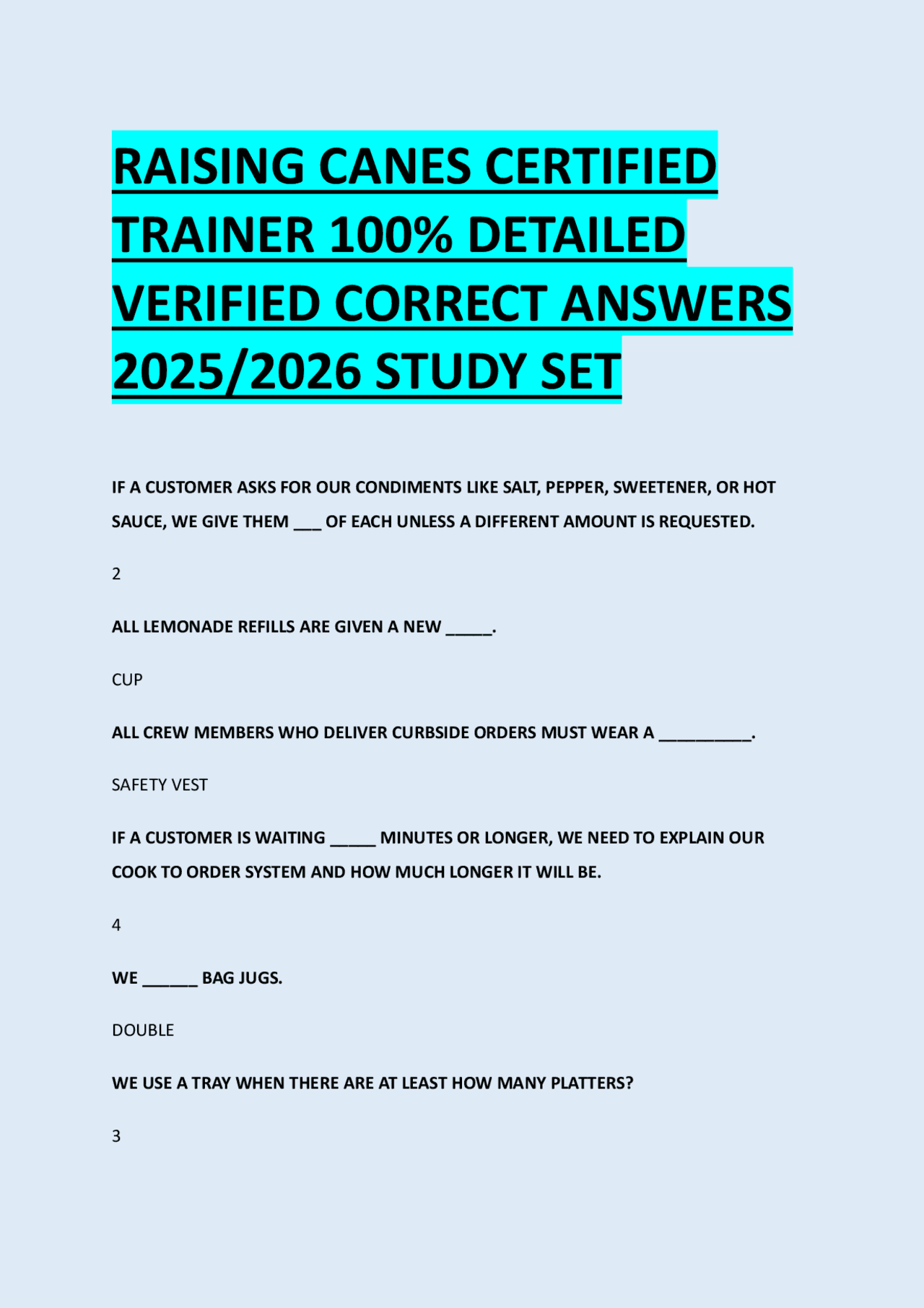RAISING CANES CERTIFIED TRAINER 100% DETAILED VERIFIED CORRECT ANSWERS ...