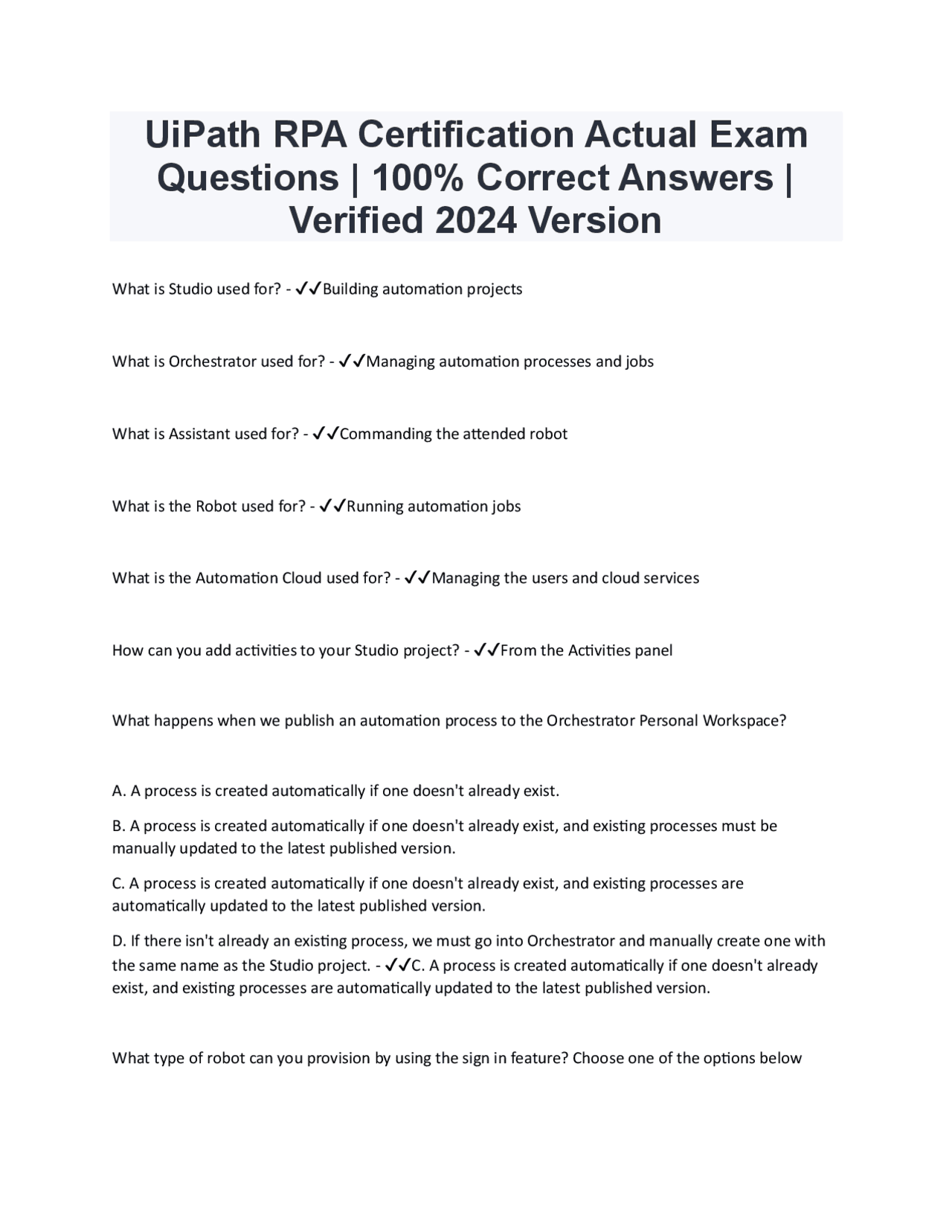 UiPath RPA Certification Actual Exam Questions | 100% Correct Answers ...