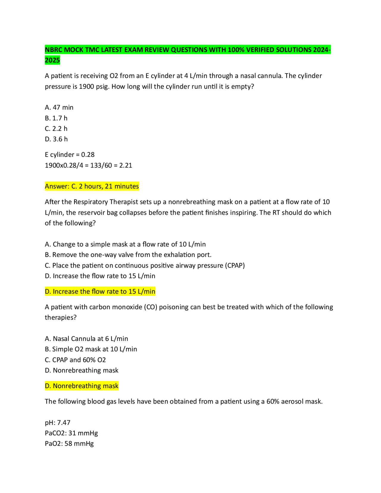 NBRC MOCK TMC LATEST EXAM REVIEW QUESTIONS WITH 100% VERIFIED SOLUTIONS ...