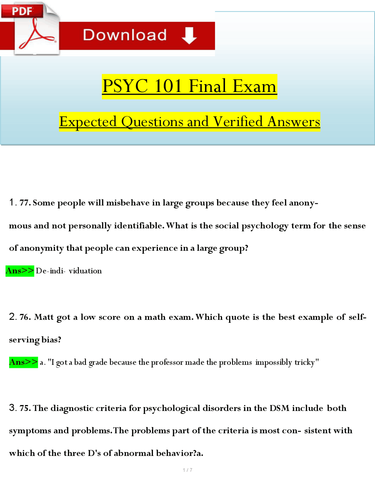 Psych 101 Quizzes | Psych 101 Quizzes, Exams of Psychology 2024\2025 ...