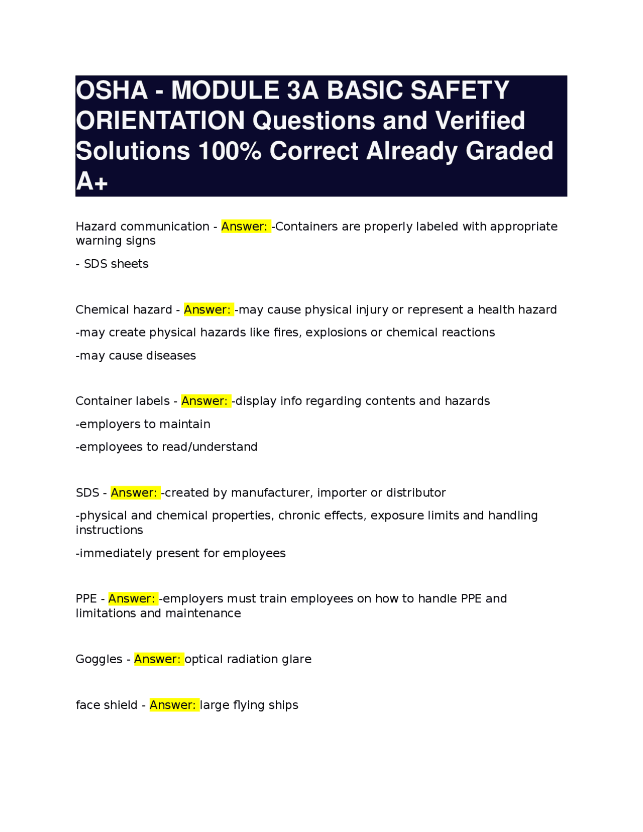 OSHA - MODULE 3A BASIC SAFETY ORIENTATION Questions and Verified ...