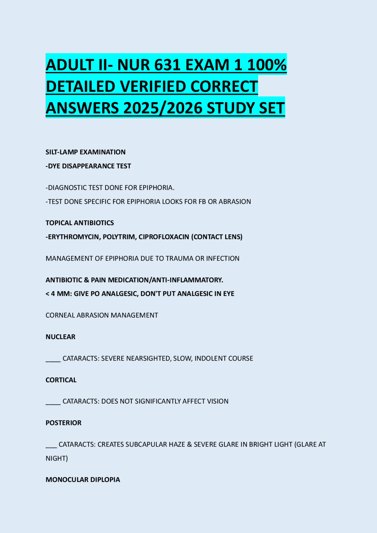 ADULT II- NUR 631 EXAM 1 100% DETAILED VERIFIED CORRECT ANSWERS 2025/ ...