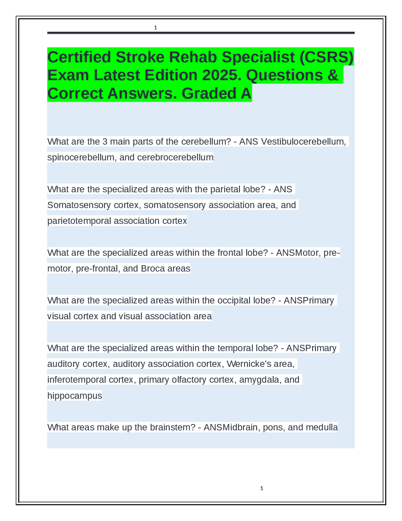 Certified Stroke Rehab Specialist (CSRS) Exam Latest Edition 2025 ...
