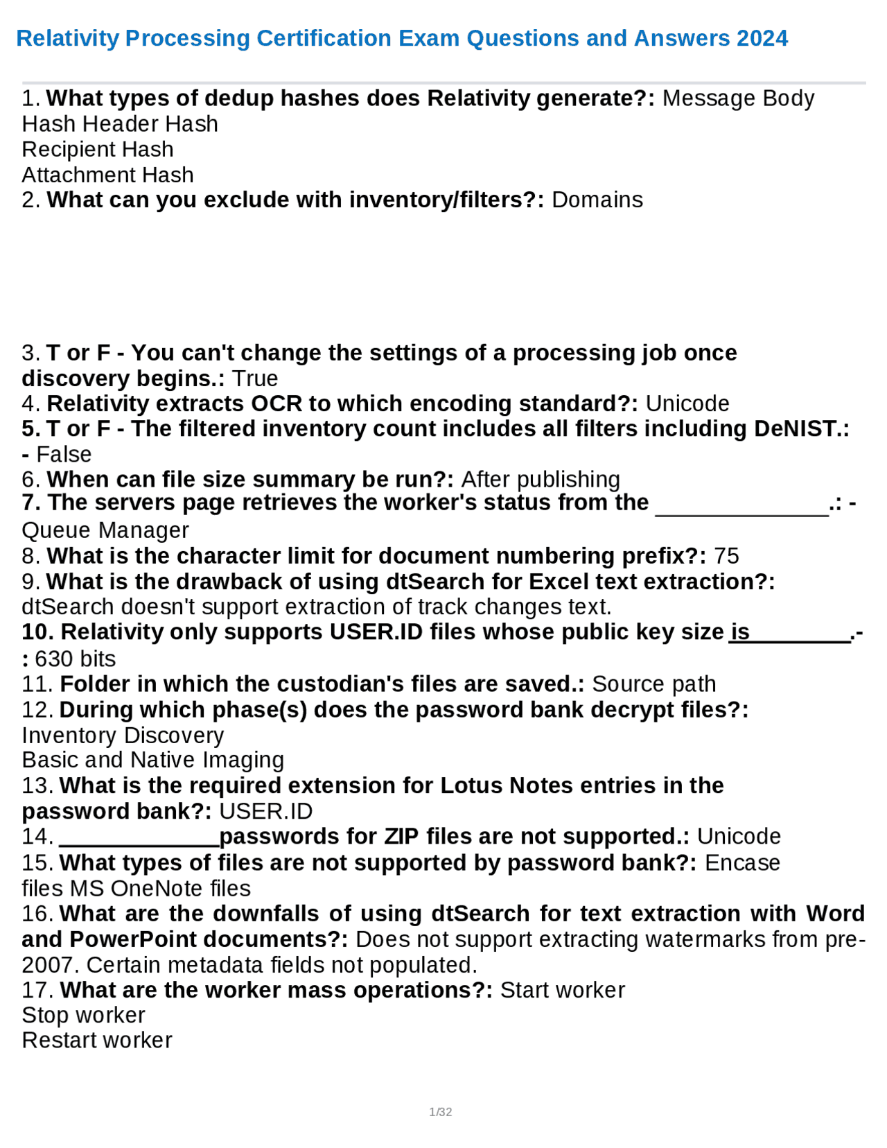 Relativity Certification Relativity Processing Certification Exam Questions and Answers 2024 ...