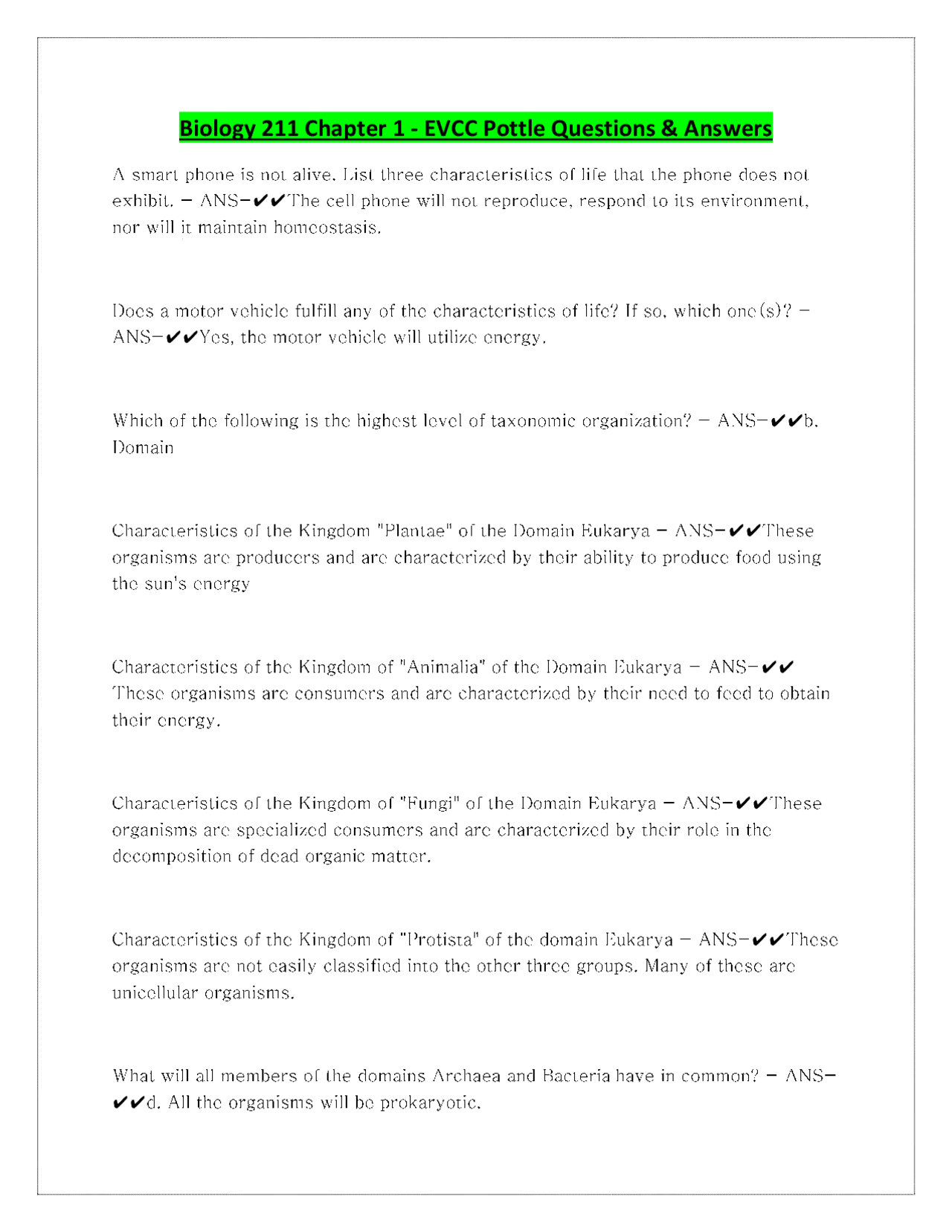 Biology 211 Chapter 1 - EVCC Pottle Questions & Answers | Exams Biology ...