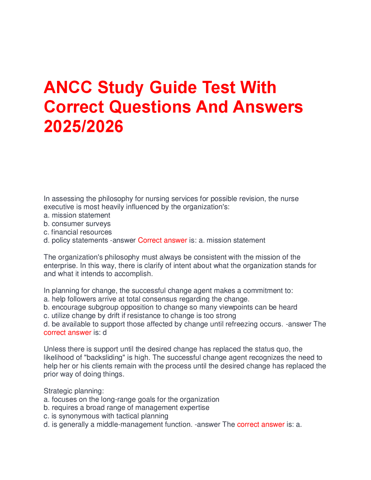 ANCC Study Guide Test: Nursing Administration and Leadership | Exams ...