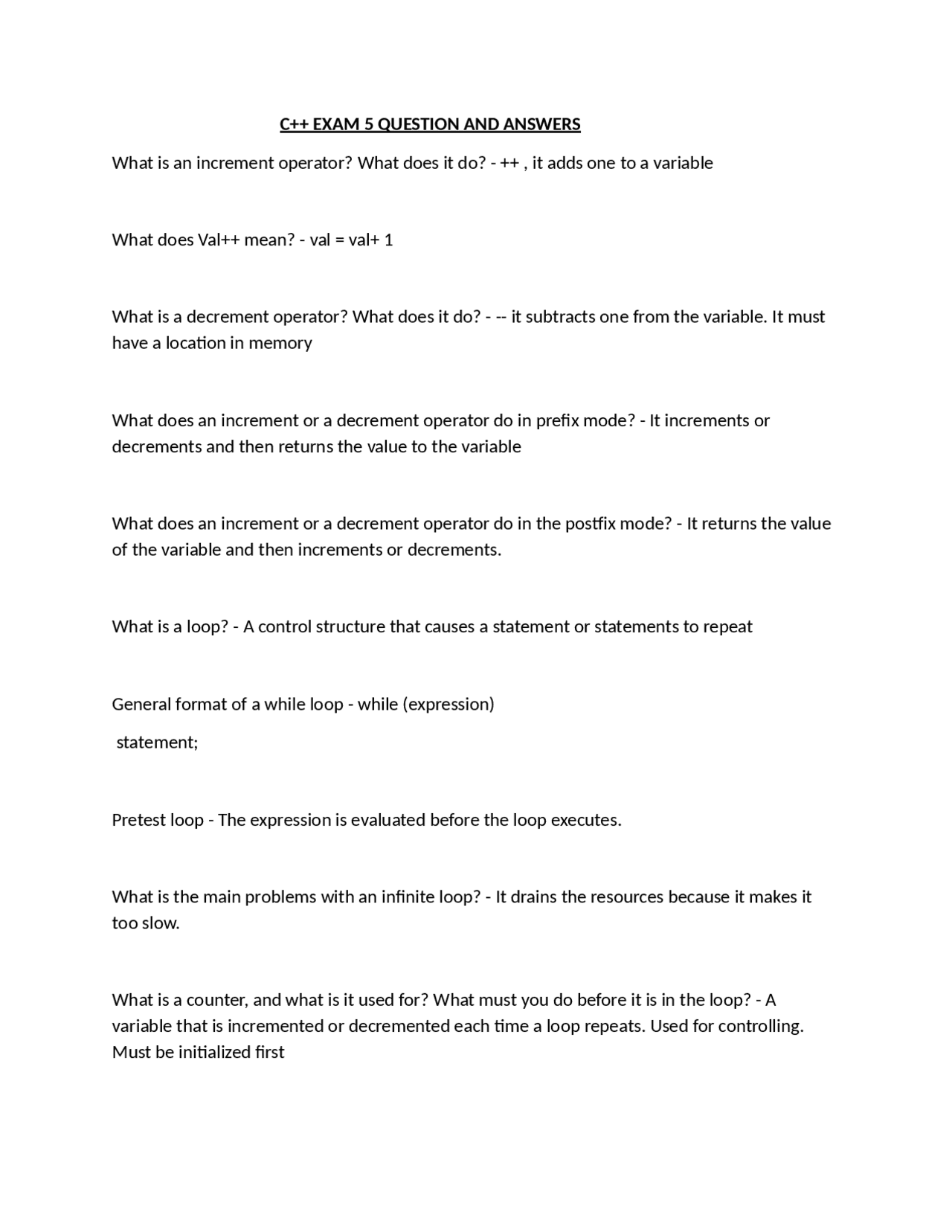 C++ EXAM 5 QUESTION AND ANSWER | Exams Advanced Education | Docsity