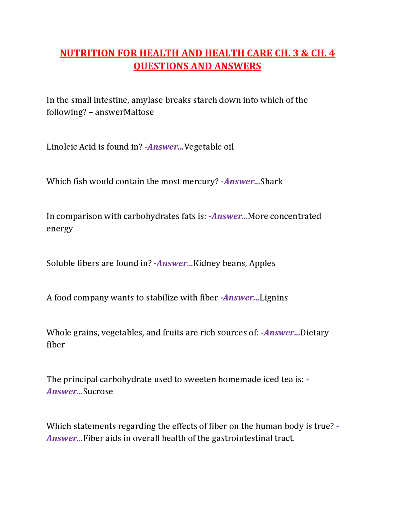 NUTRITION FOR HEALTH AND HEALTH CARE CH. 3 & CH. 4 QUESTIONS AND ...