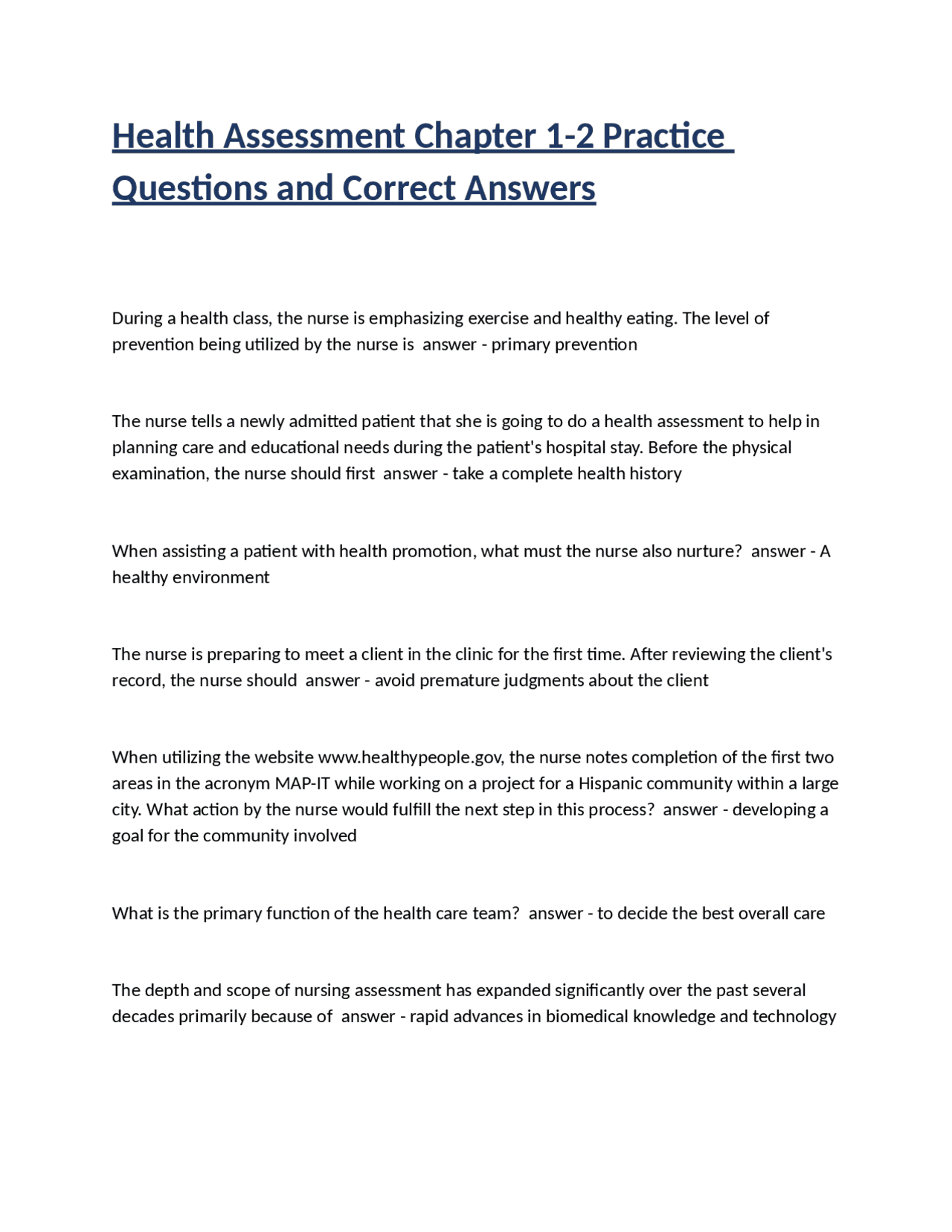 Health Assessment Chapter 1-2 Practice Questions and Correct Answers ...