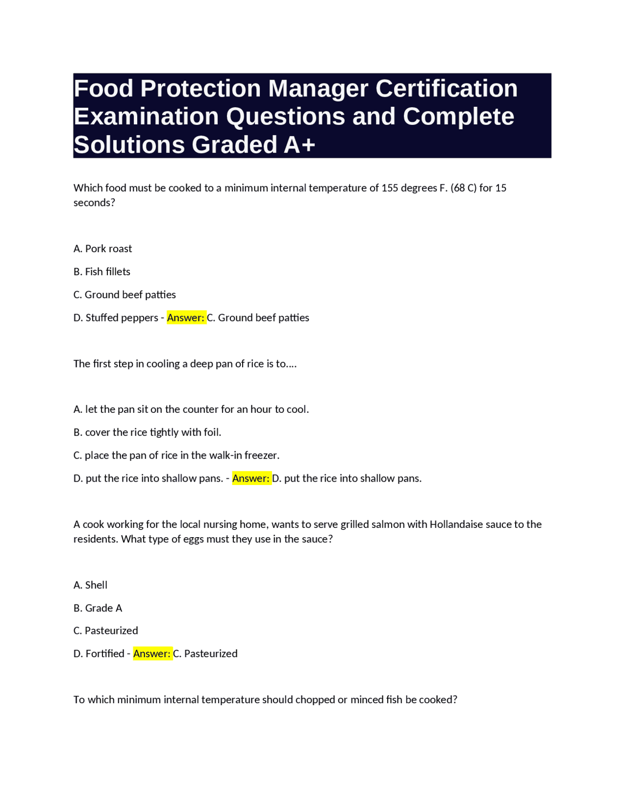 Food Protection Manager Certification Examination Questions and ...