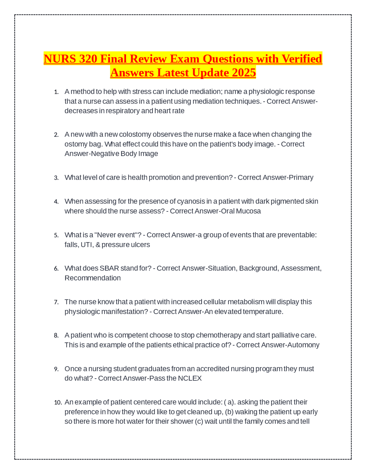 NURS 320 Final Review Exam Questions with Verified Answers Latest ...