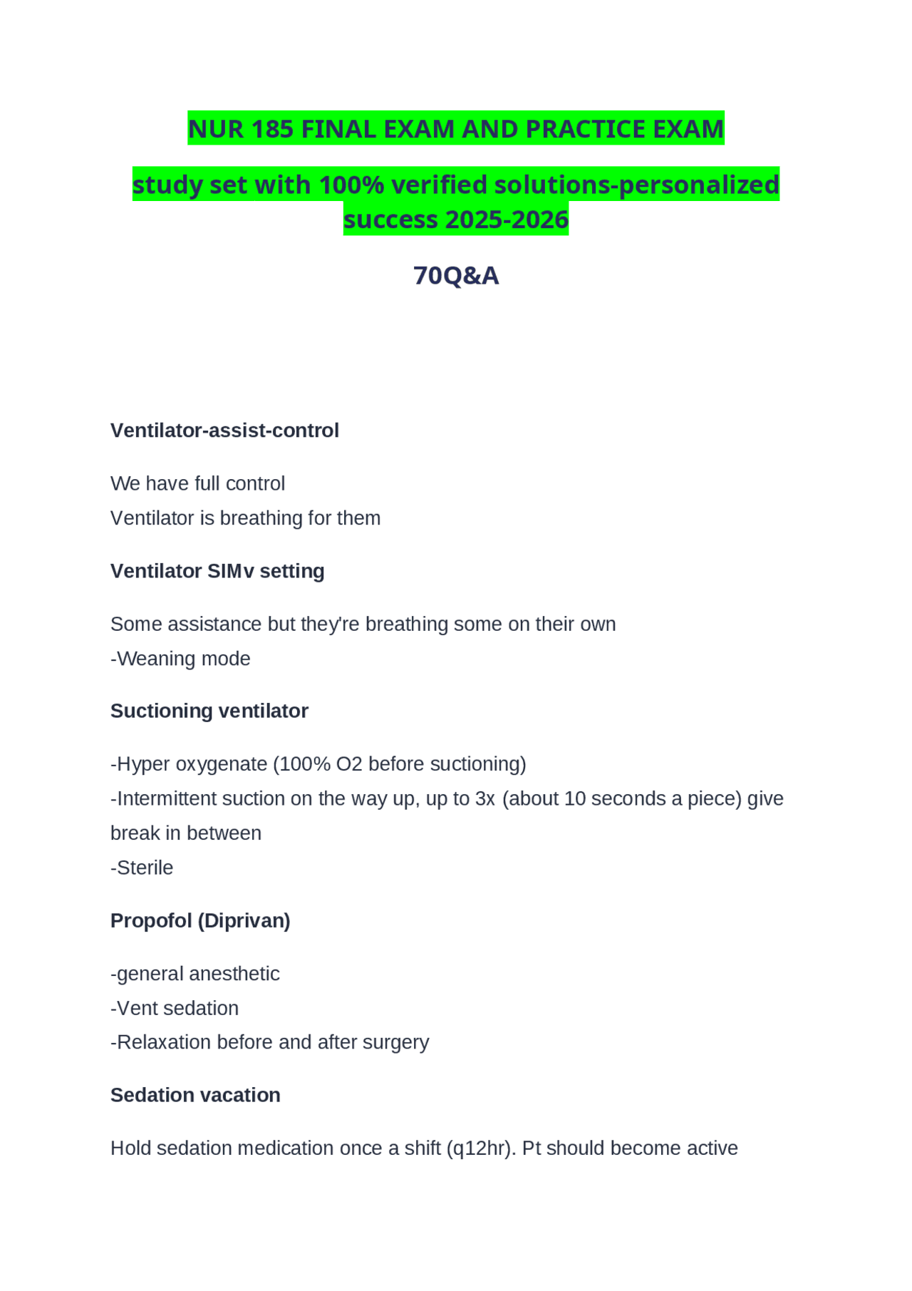 NUR 185 FINAL EXAM AND PRACTICE EXAM study set with 100% verified ...