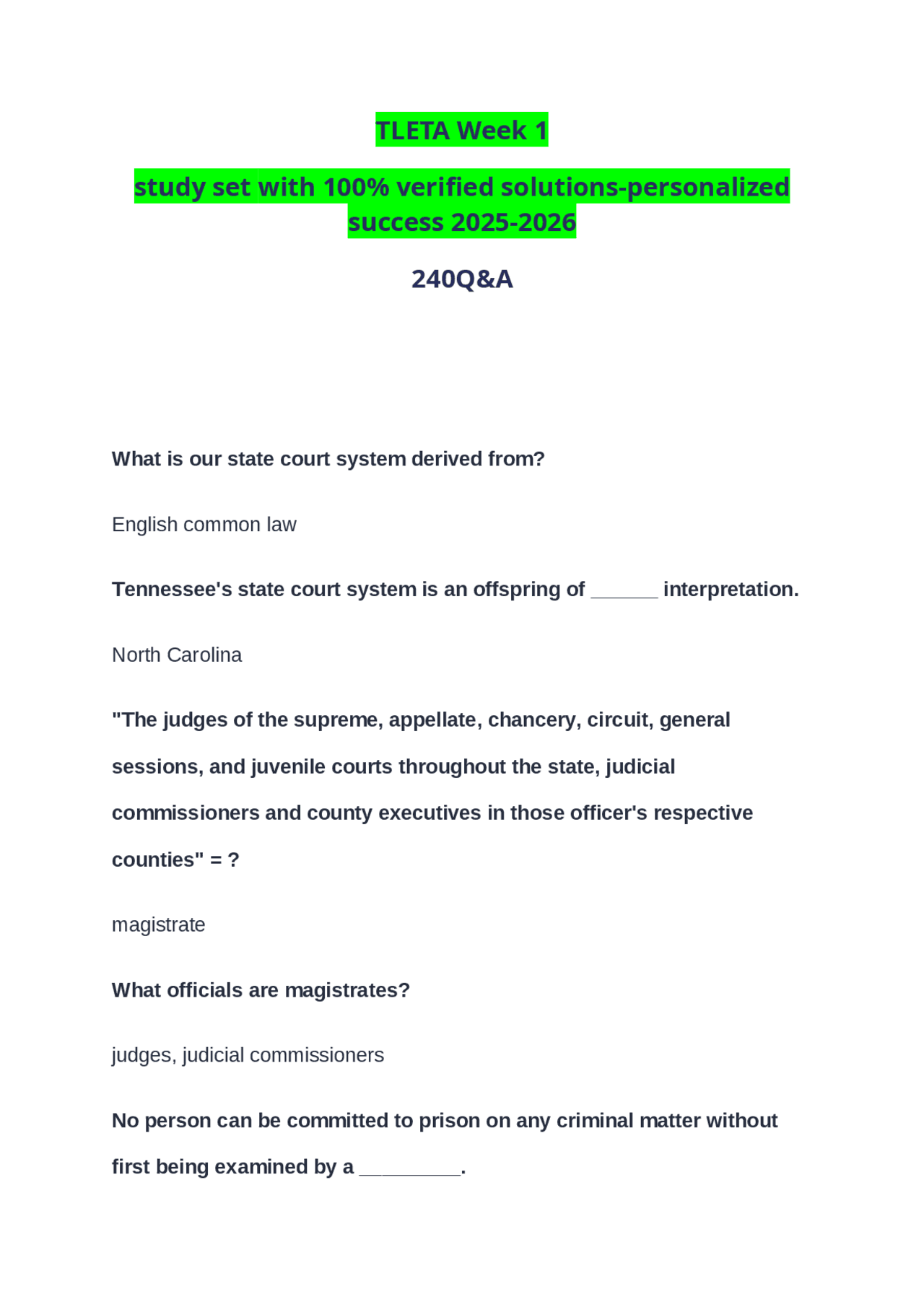 TLETA Week 1 study set with 100% verified solutions-personalized ...