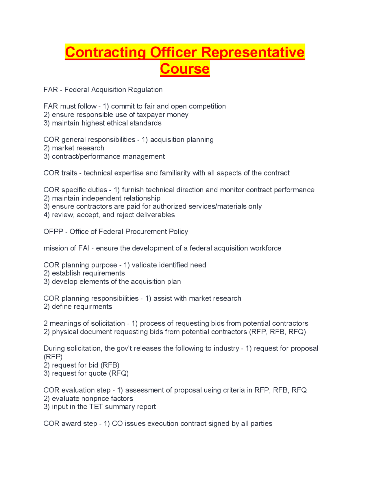 Contracting Officer Representative Course. | Exercises Advanced Education | Docsity