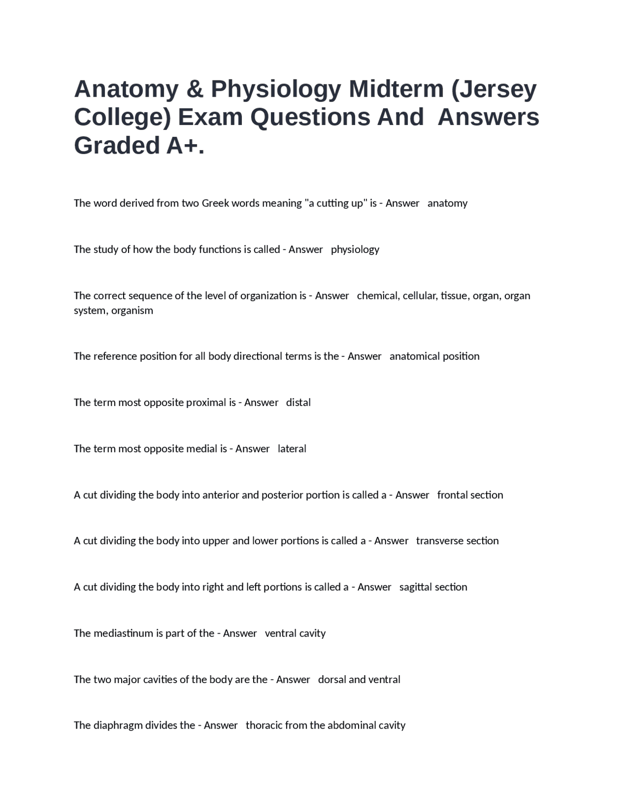 Anatomy & Physiology Midterm (Jersey College) Exam Questions And Answers Graded A+. | Exams ...