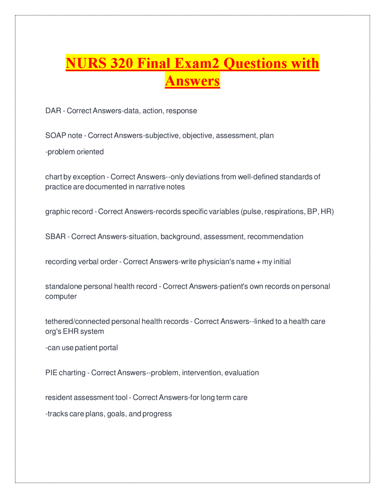 NURS 320 Final Exam2 Questions with Answers | Exams Nursing | Docsity