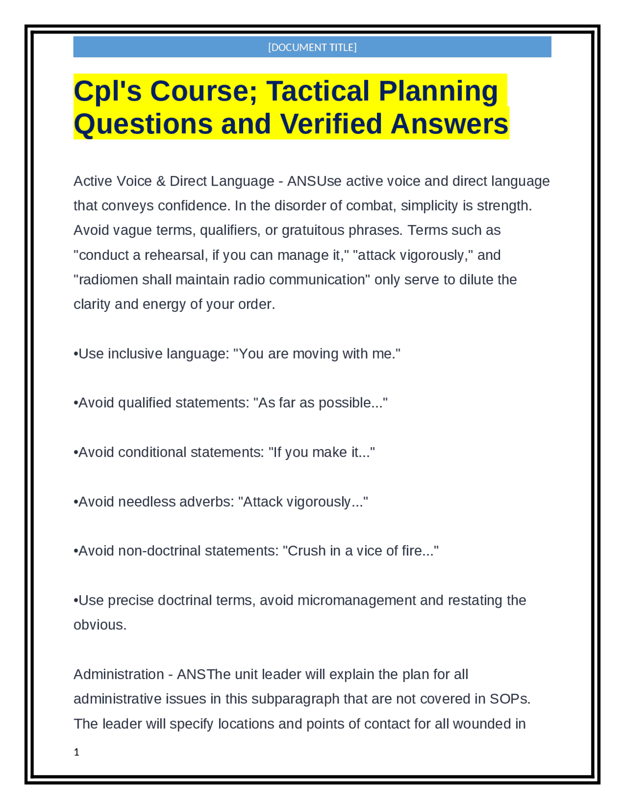 Cpl's Course; Tactical Planning Questions and Verified Answers | Exams ...