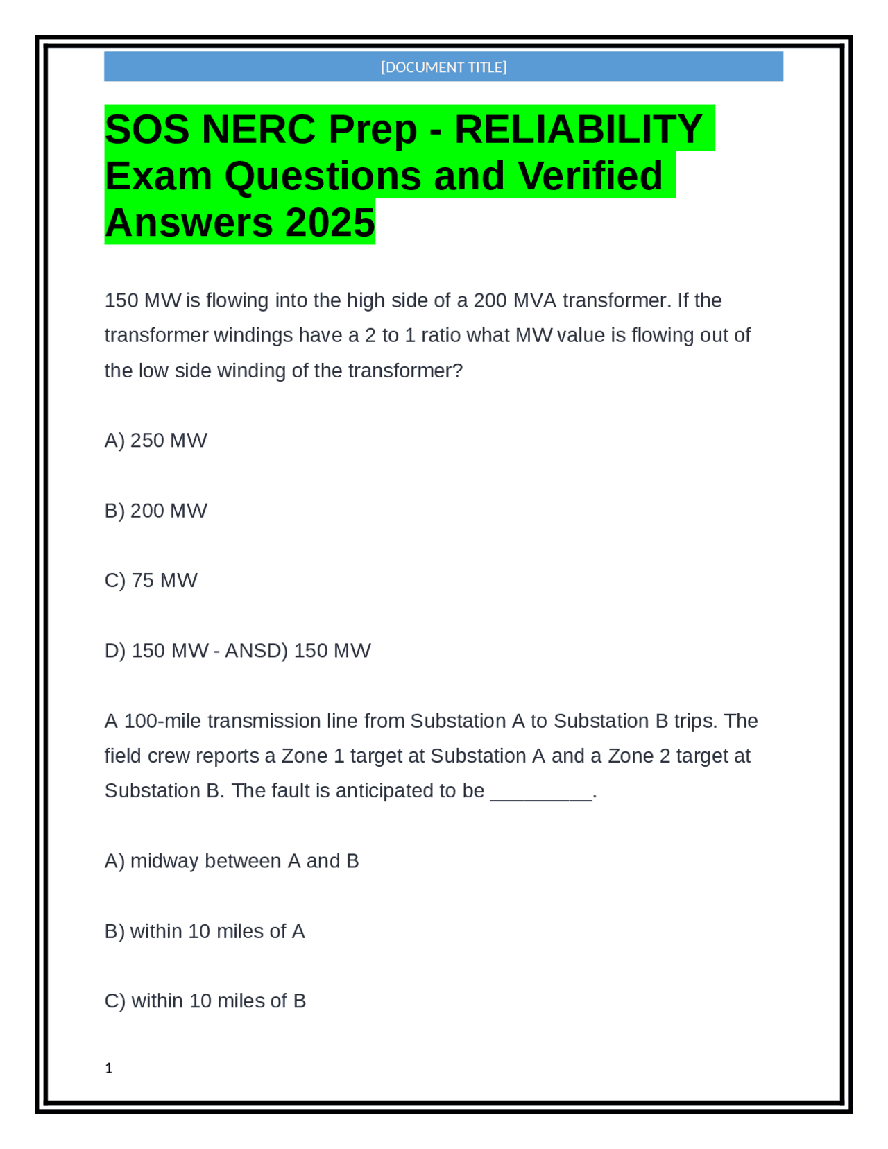 Reliability Exam Question SOS NERC Prep - RELIABILITY Exam Questions and Verified Answers 2025 ...