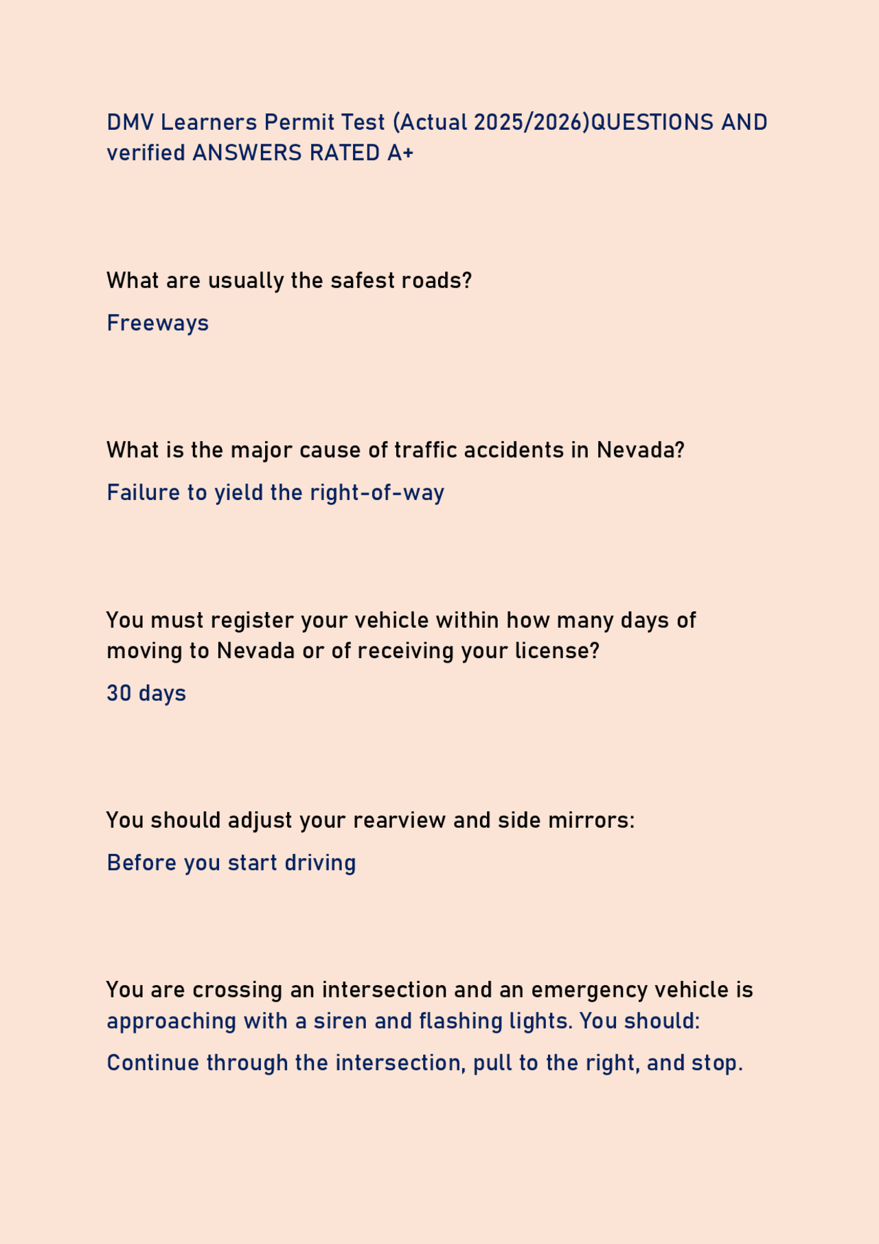 DMV Learners Permit Test (Actual 2025/2026)QUESTIONS AND verified ...