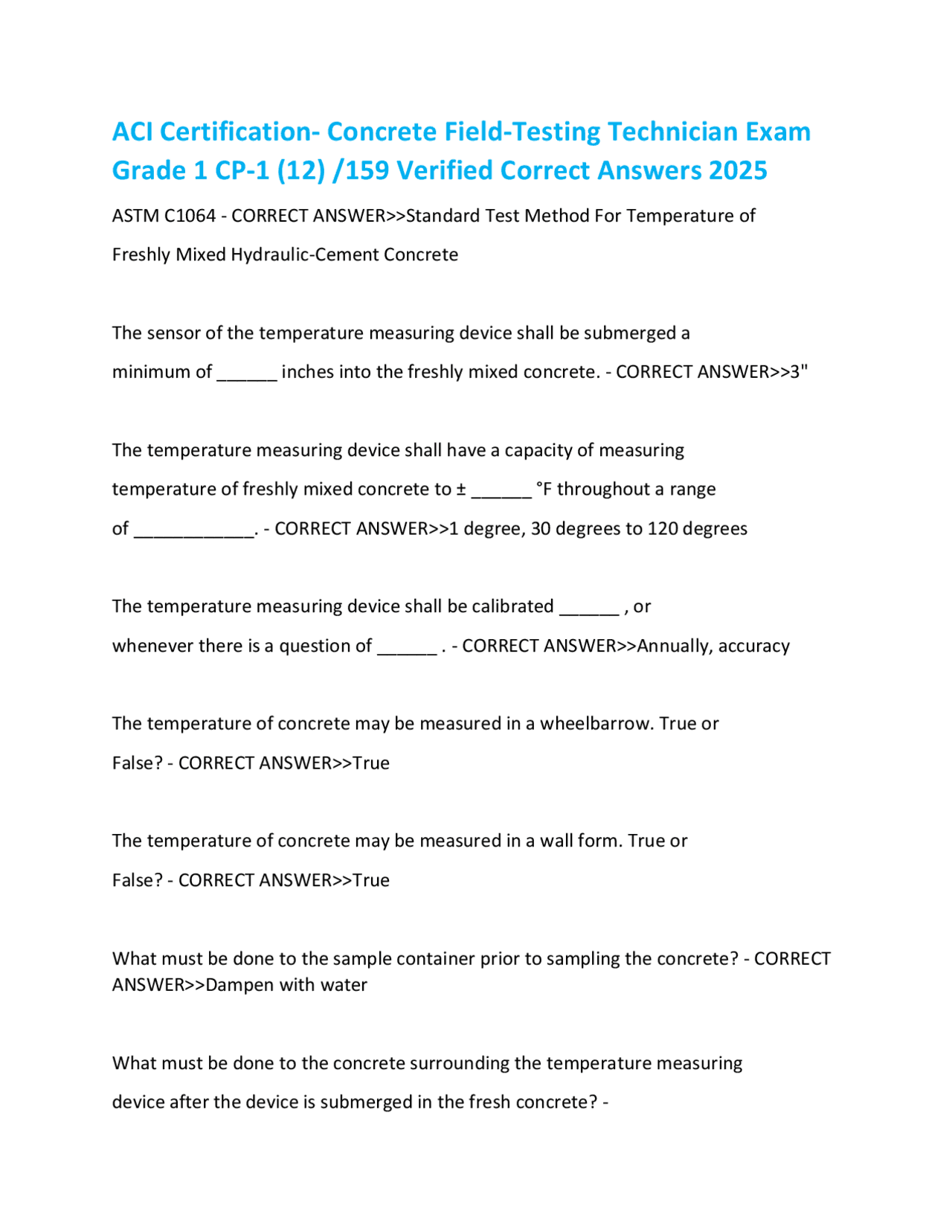 ACI Certification- Concrete Field-Testing Technician Exam 2025 EXAM ...