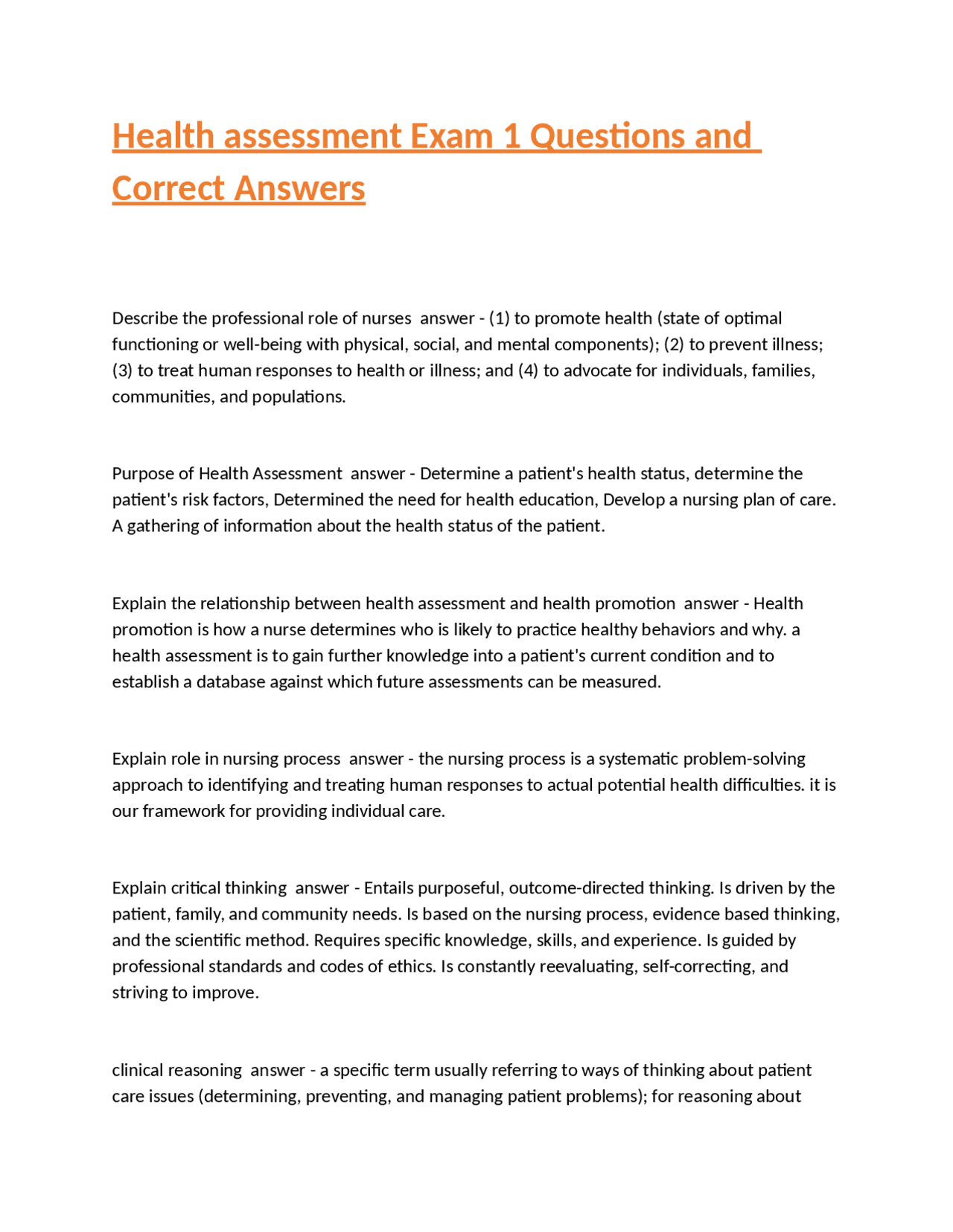 Health assessment Exam 1 Questions and Correct Answers | Exams Nursing ...