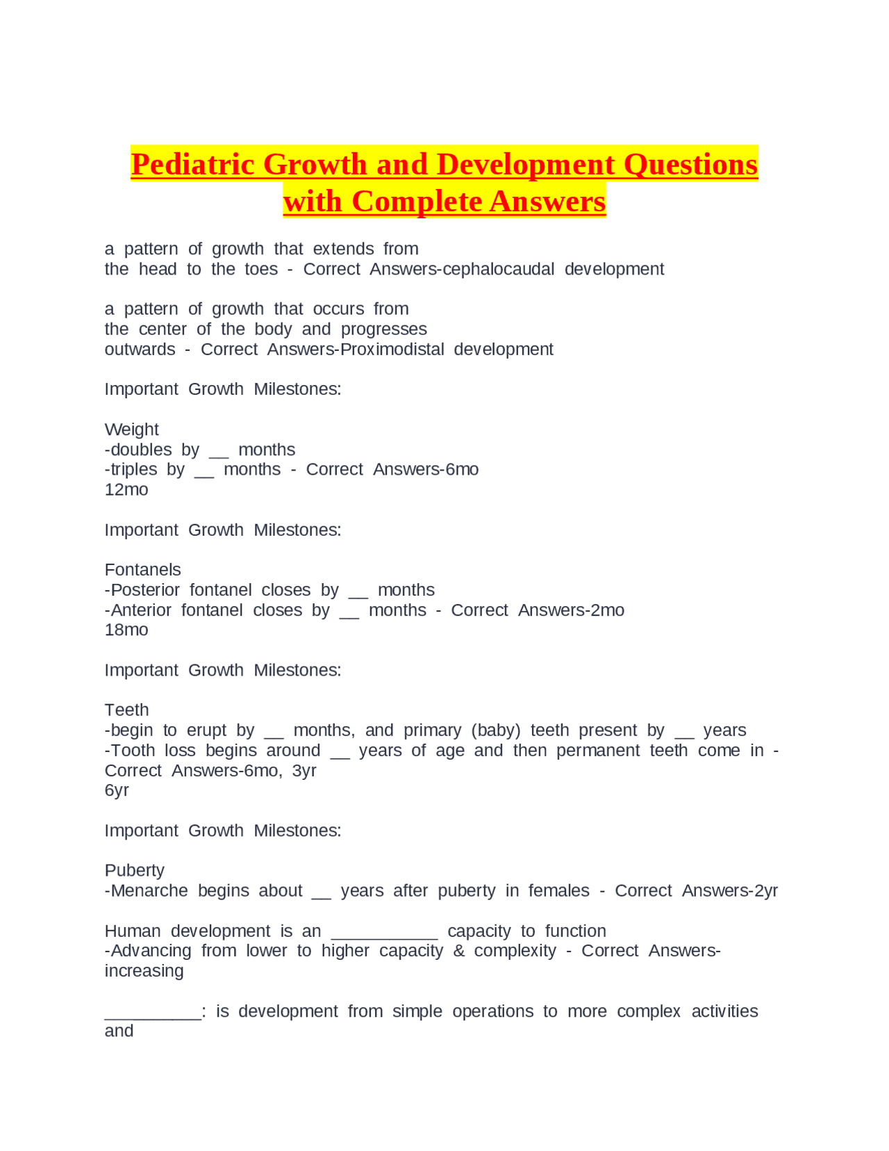 Pediatric Growth and Development Questions with Complete Answers ...