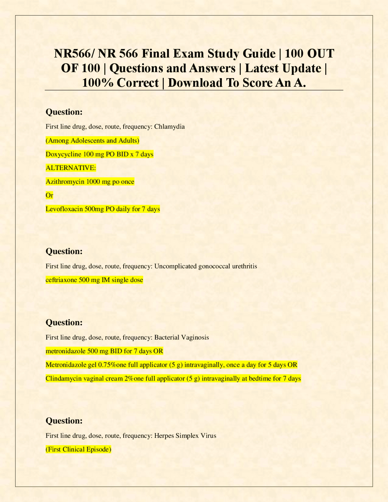 NR566 Final Exam Study Guide: Questions and Answers on Pharmacology and ...